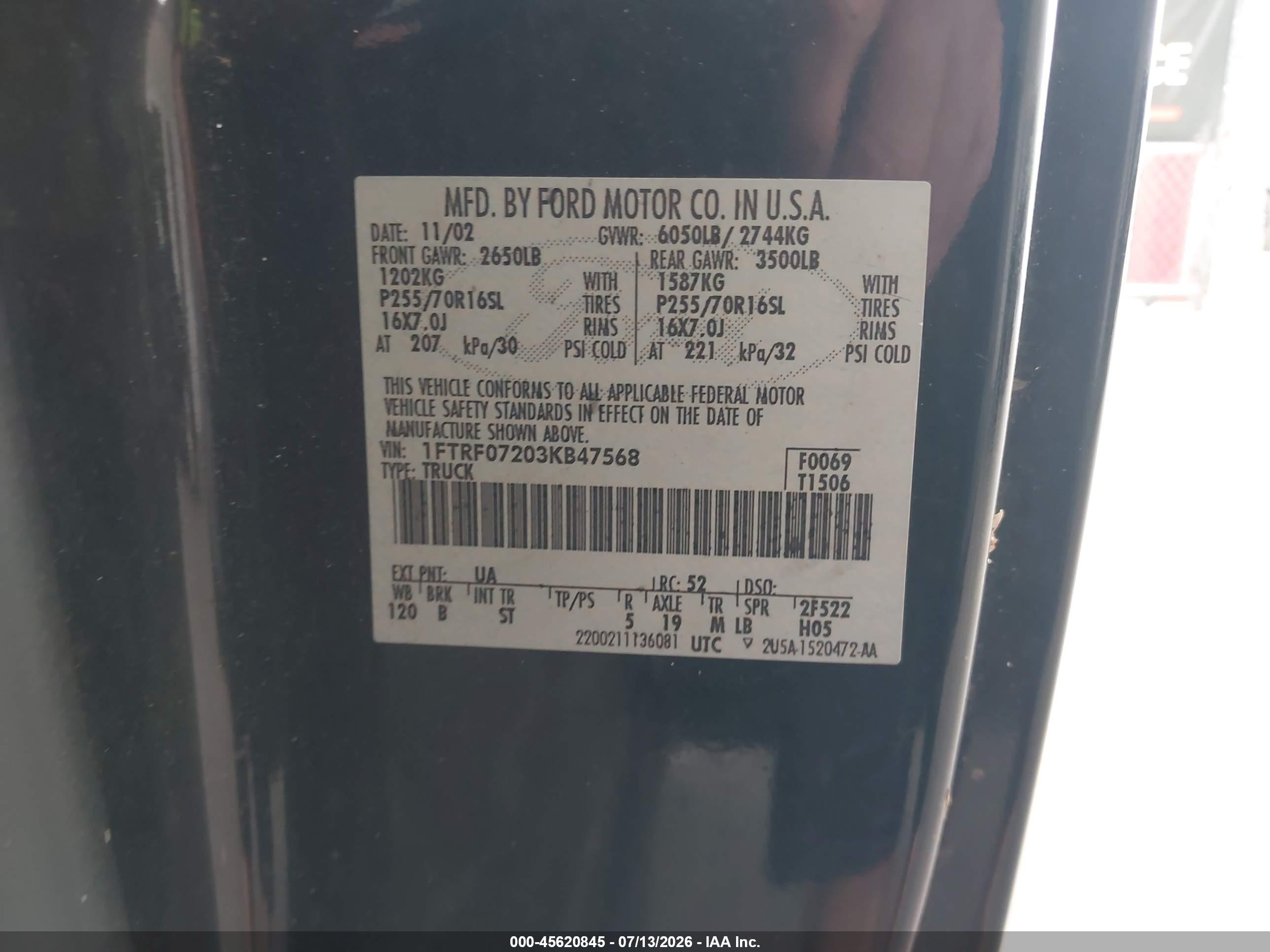 2003 Ford F-150 Xl/xlt Black vin: 1FTRF07203KB47568