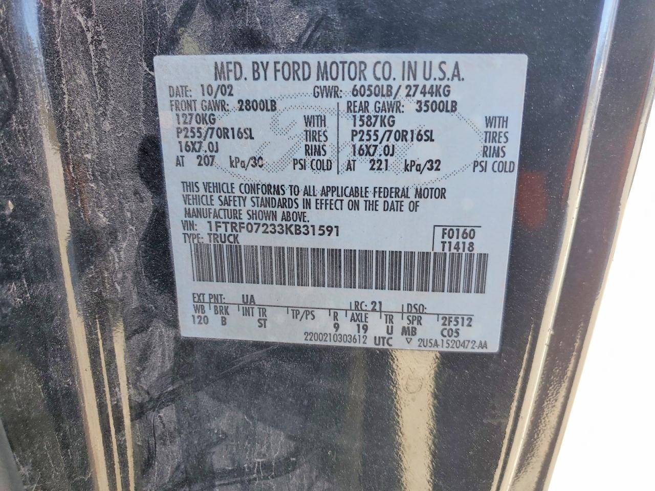 2003 Ford F150 Black vin: 1FTRF07233KB31591