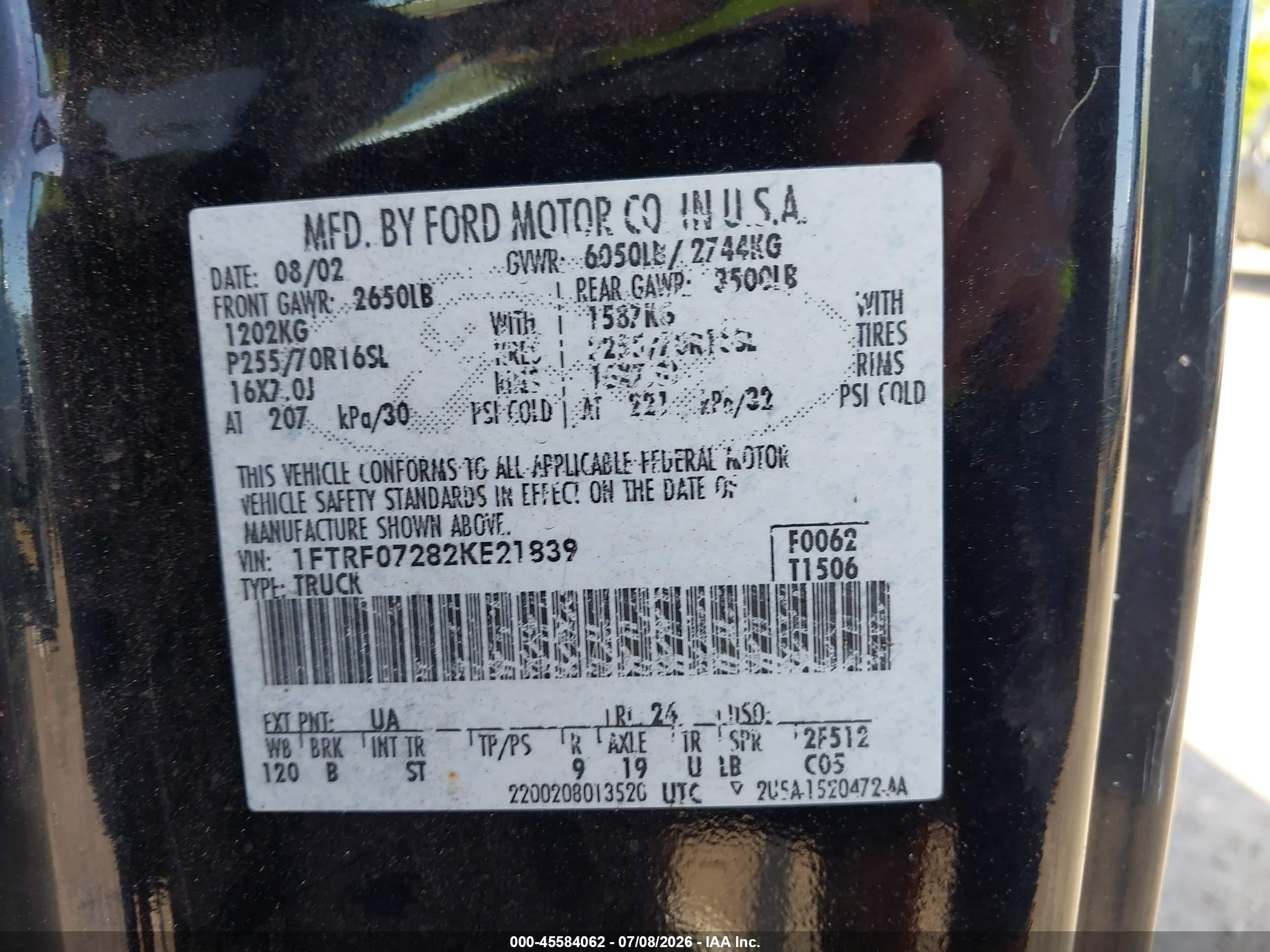 2002 Ford F-150 Xl/xlt Black vin: 1FTRF07282KE21839