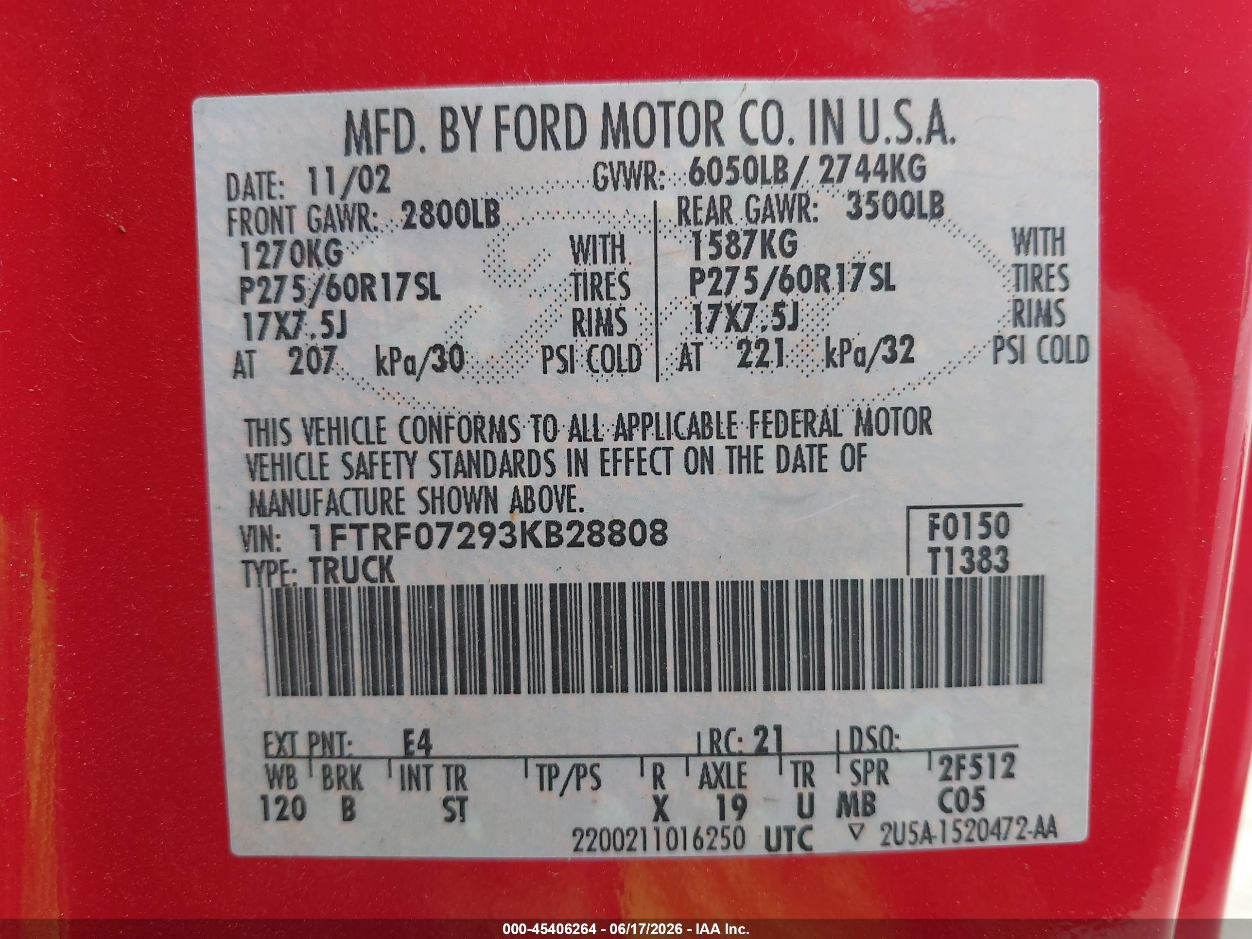 2003 Ford F-150 Xl/xlt Red vin: 1FTRF07293KB28808