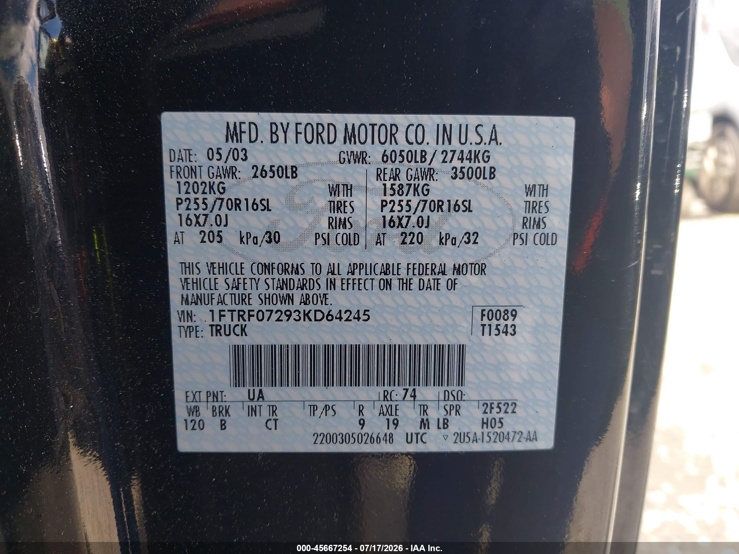 2003 Ford F-150 Xl/xlt Black vin: 1FTRF07293KD64245
