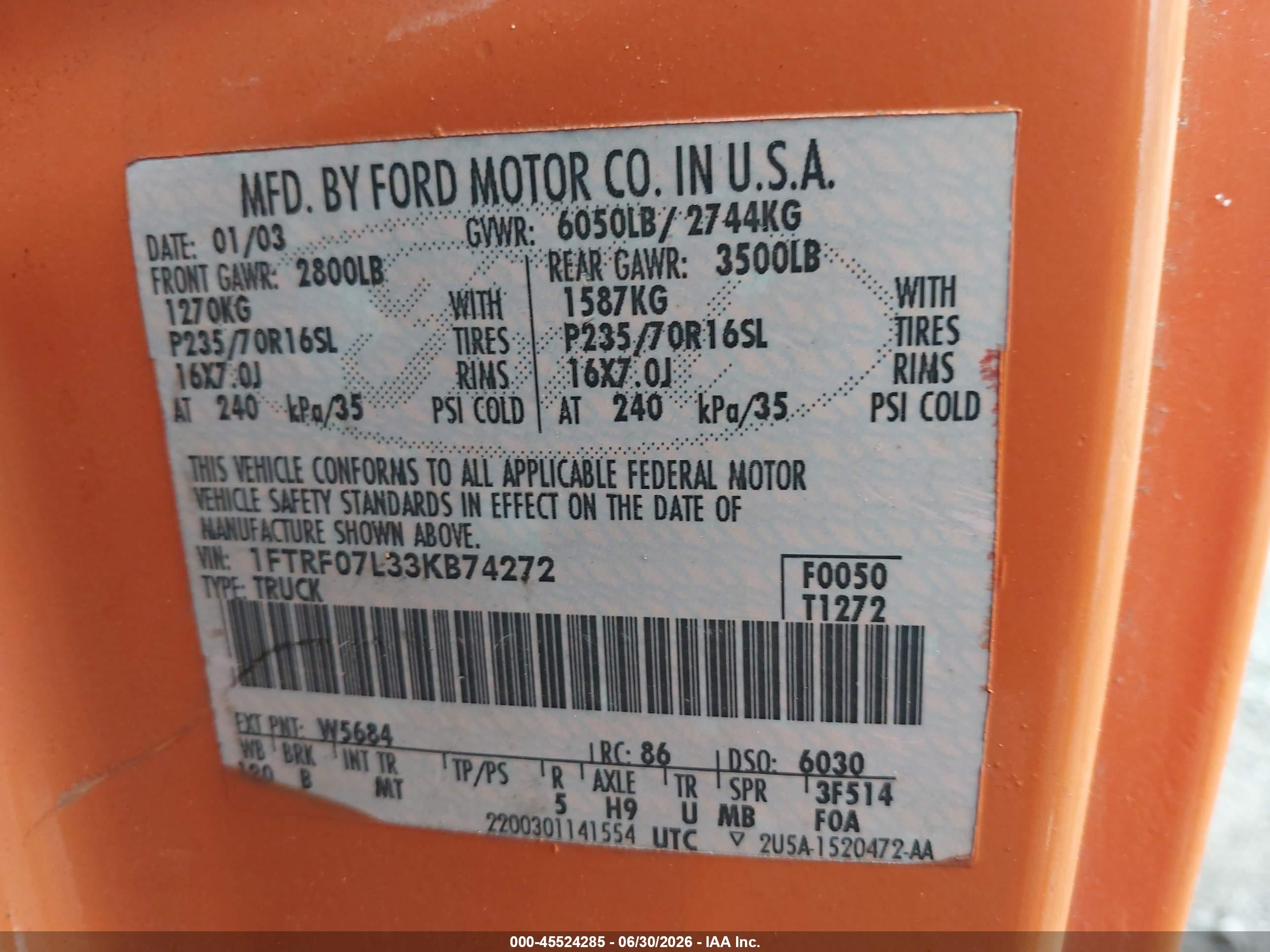 2003 Ford F-150 Xl/xlt Orange vin: 1FTRF07L33KB74272