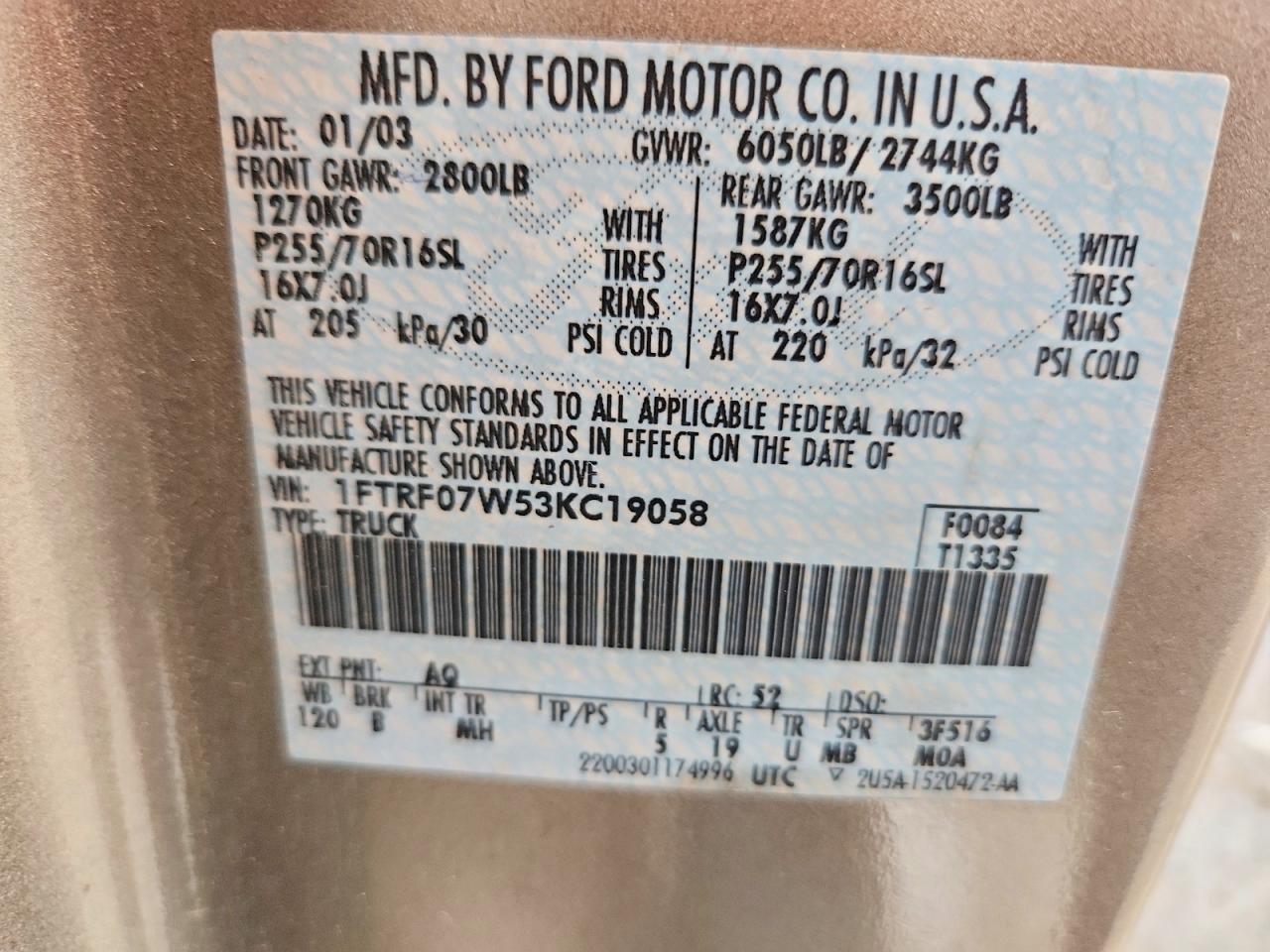 2003 Ford F150 Brown vin: 1FTRF07W53KC19058