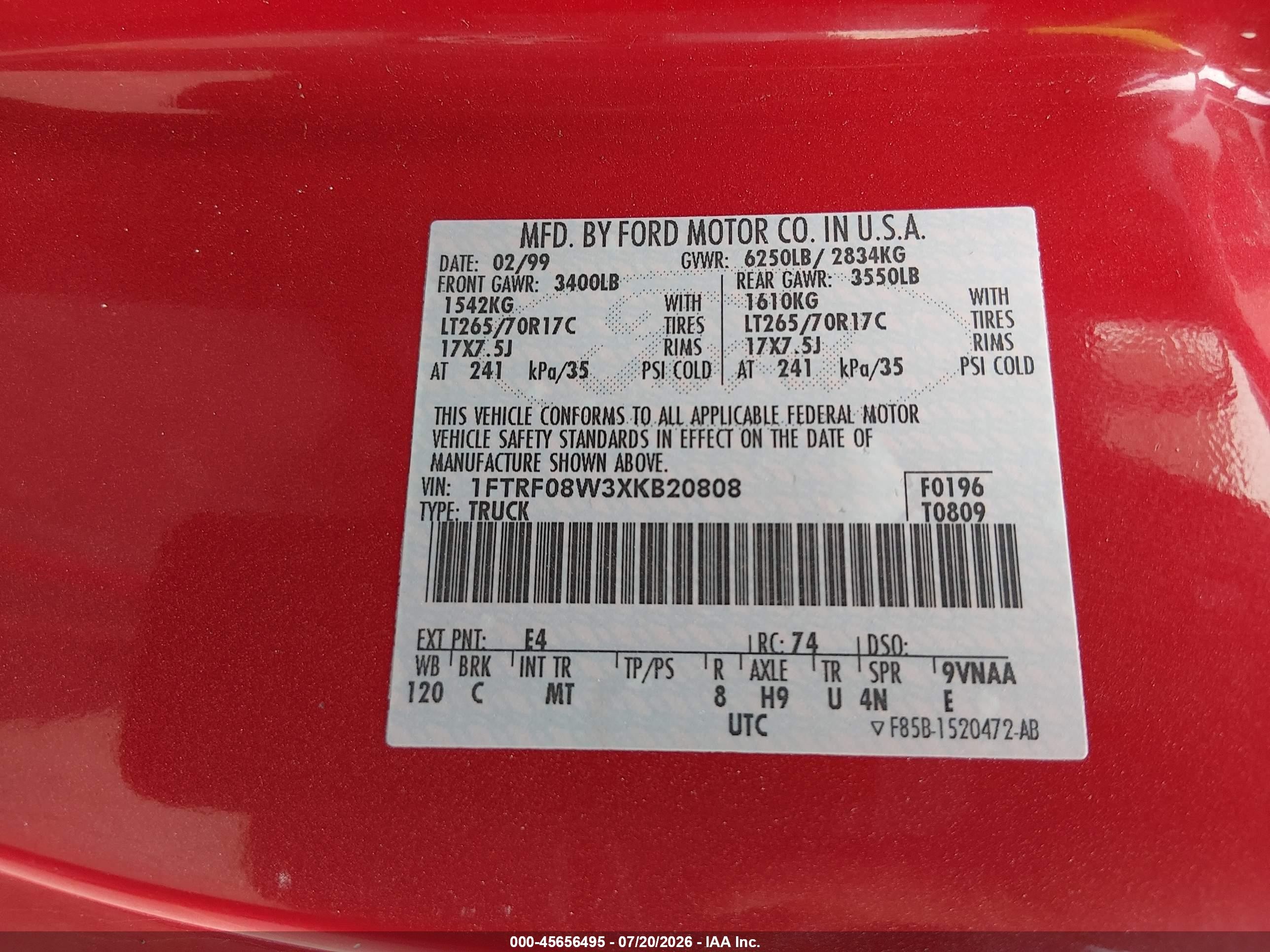 1999 Ford F-150 Lariat/xl/xlt Red vin: 1FTRF08W3XKB20808