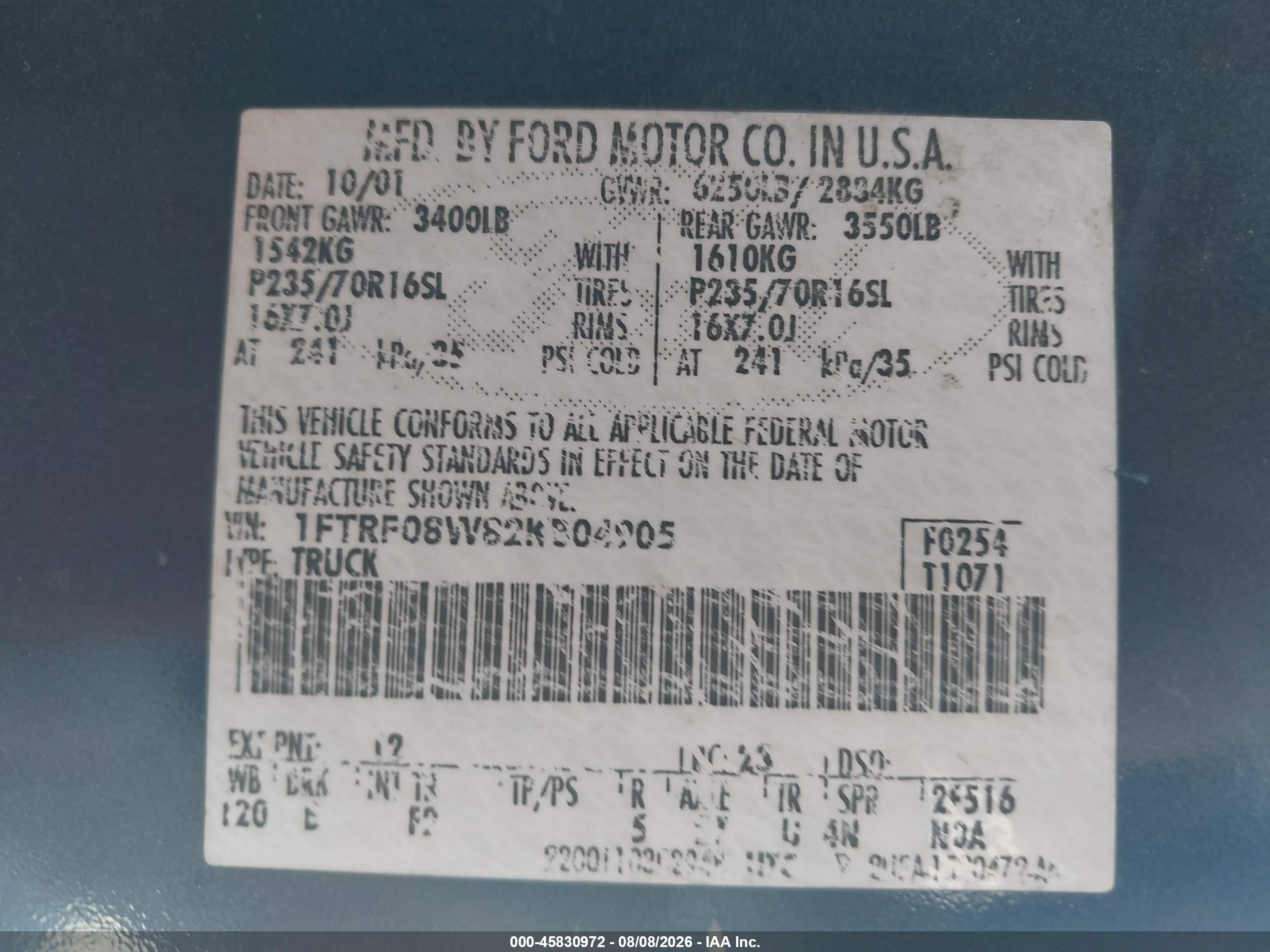 2002 Ford F-150 Xl/xlt Blue vin: 1FTRF08W82KB04905