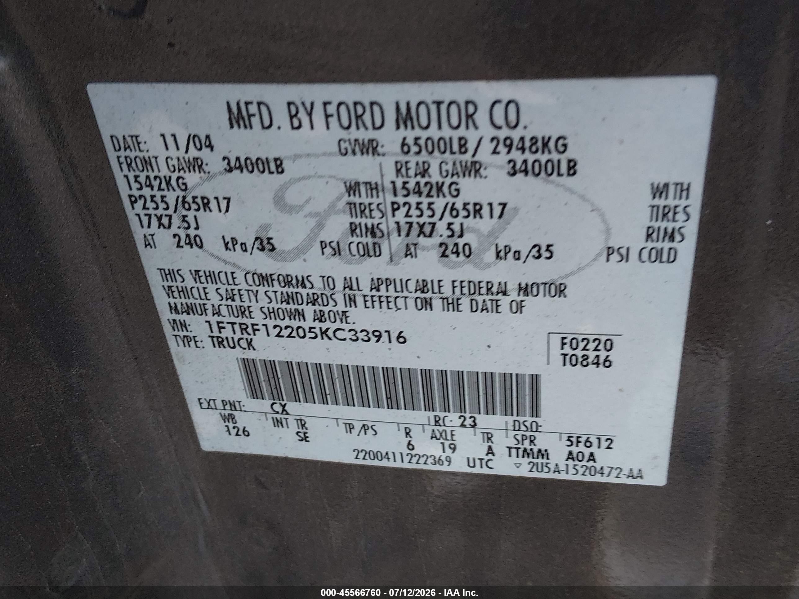 2005 Ford F-150 Stx/xl/xlt Gray vin: 1FTRF12205KC33916