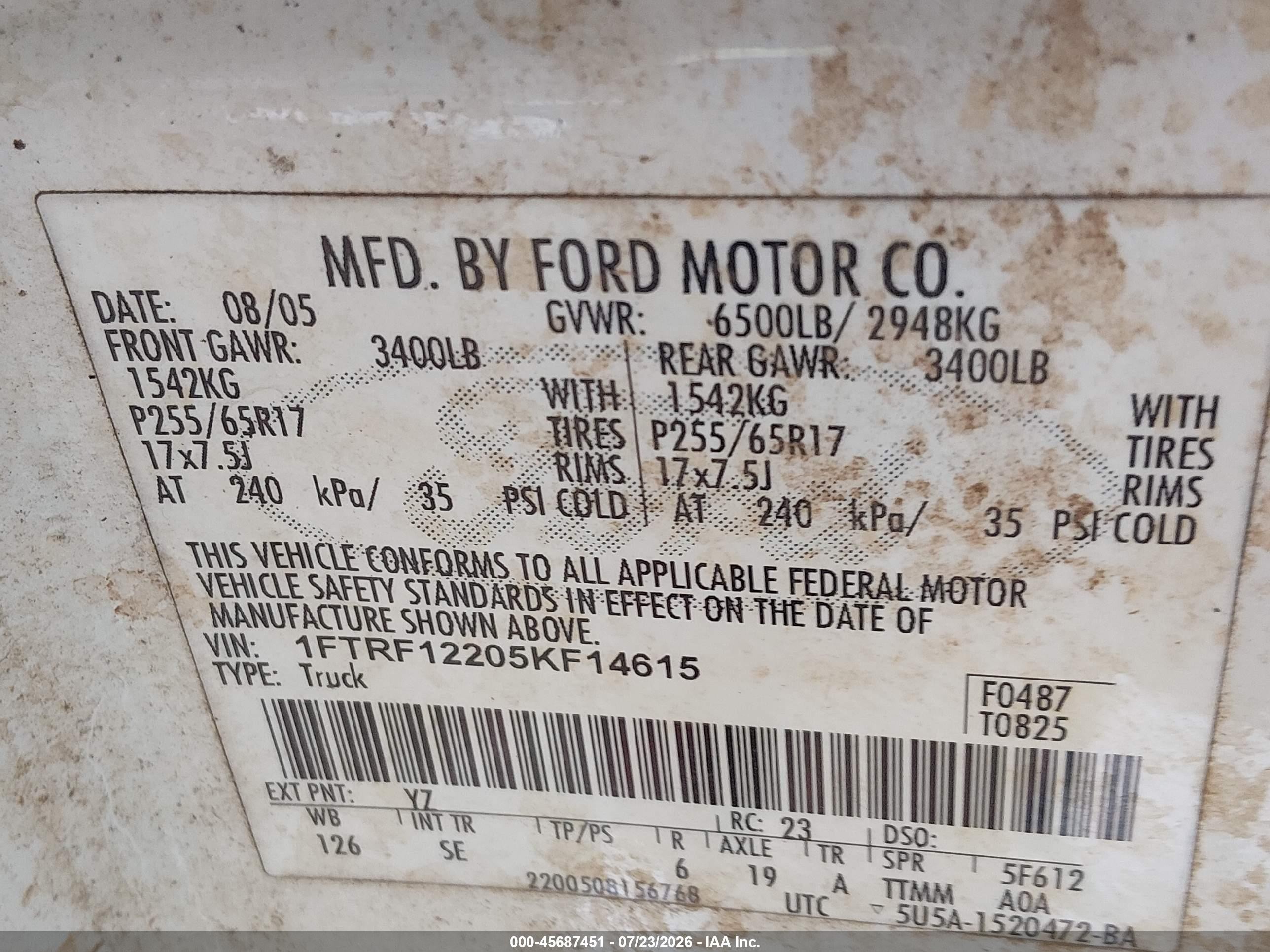 2005 Ford F-150 Stx/xl/xlt White vin: 1FTRF12205KF14615