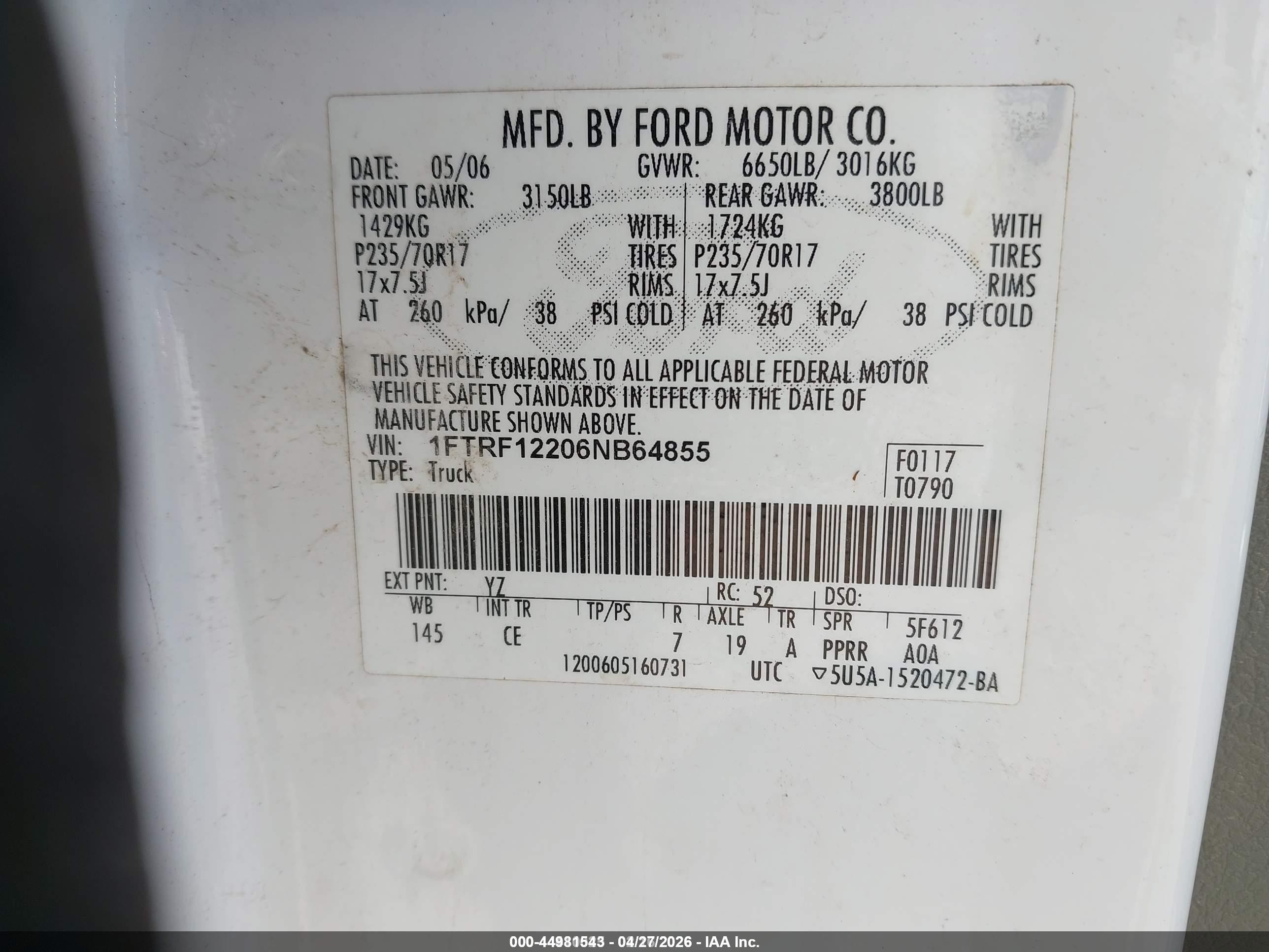 2006 Ford F-150 Stx/xl/xlt White vin: 1FTRF12206NB64855