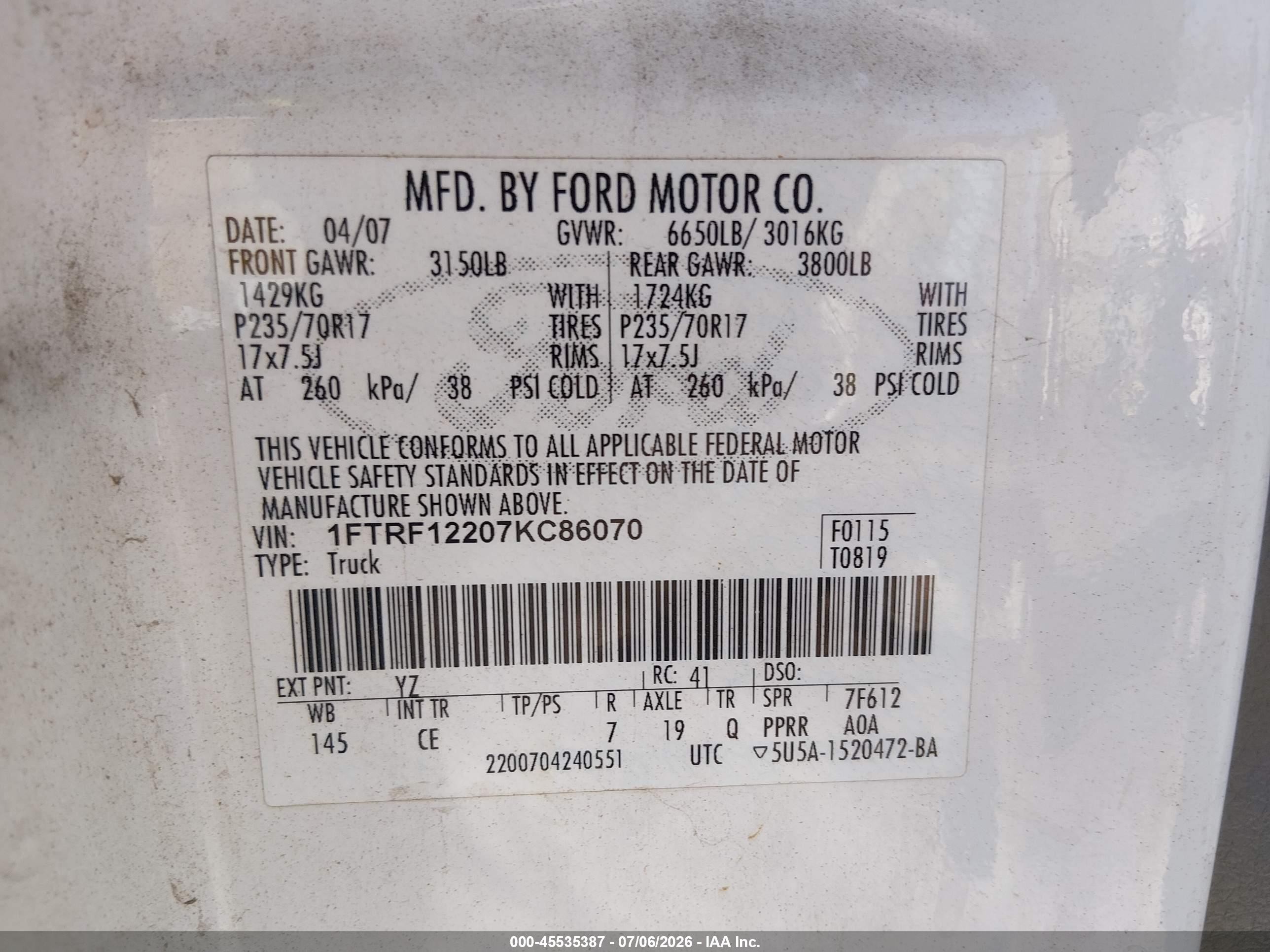 2007 Ford F-150 Stx/xl/xlt White vin: 1FTRF12207KC86070