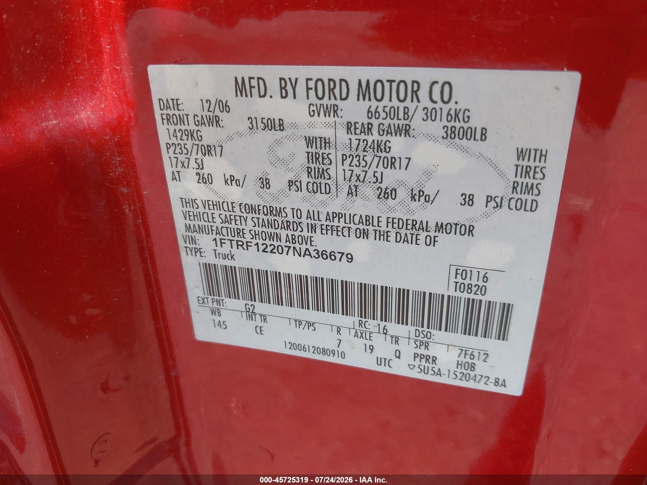 2007 Ford F-150 Stx/xl/xlt Red vin: 1FTRF12207NA36679