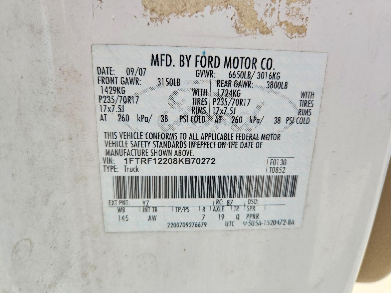 2008 Ford F150 White vin: 1FTRF12208KB70272