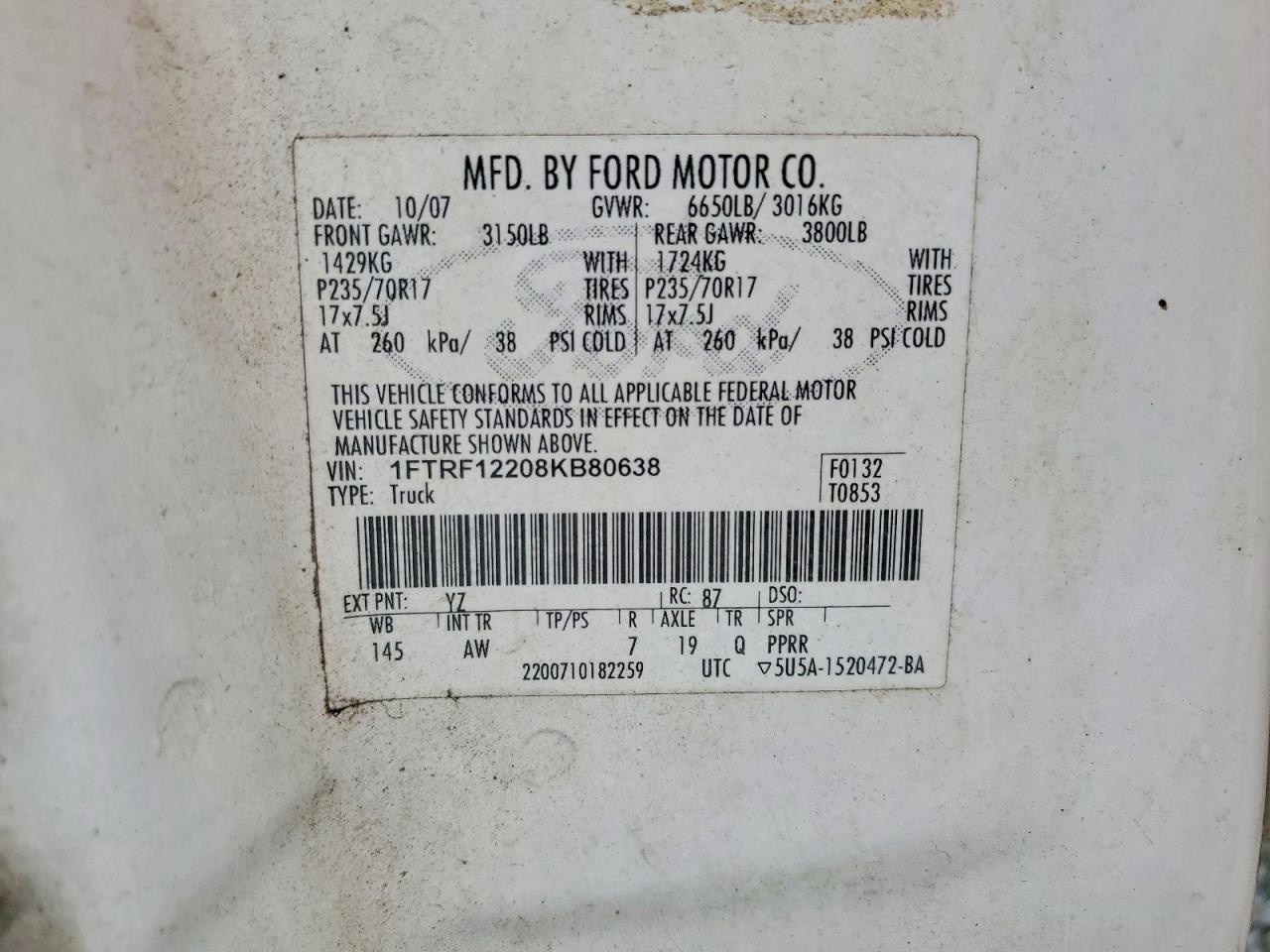 2008 Ford F150 Xl Белый vin: 1FTRF12208KB80638