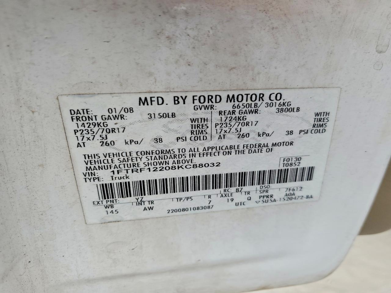 2008 Ford F150 White vin: 1FTRF12208KC88032
