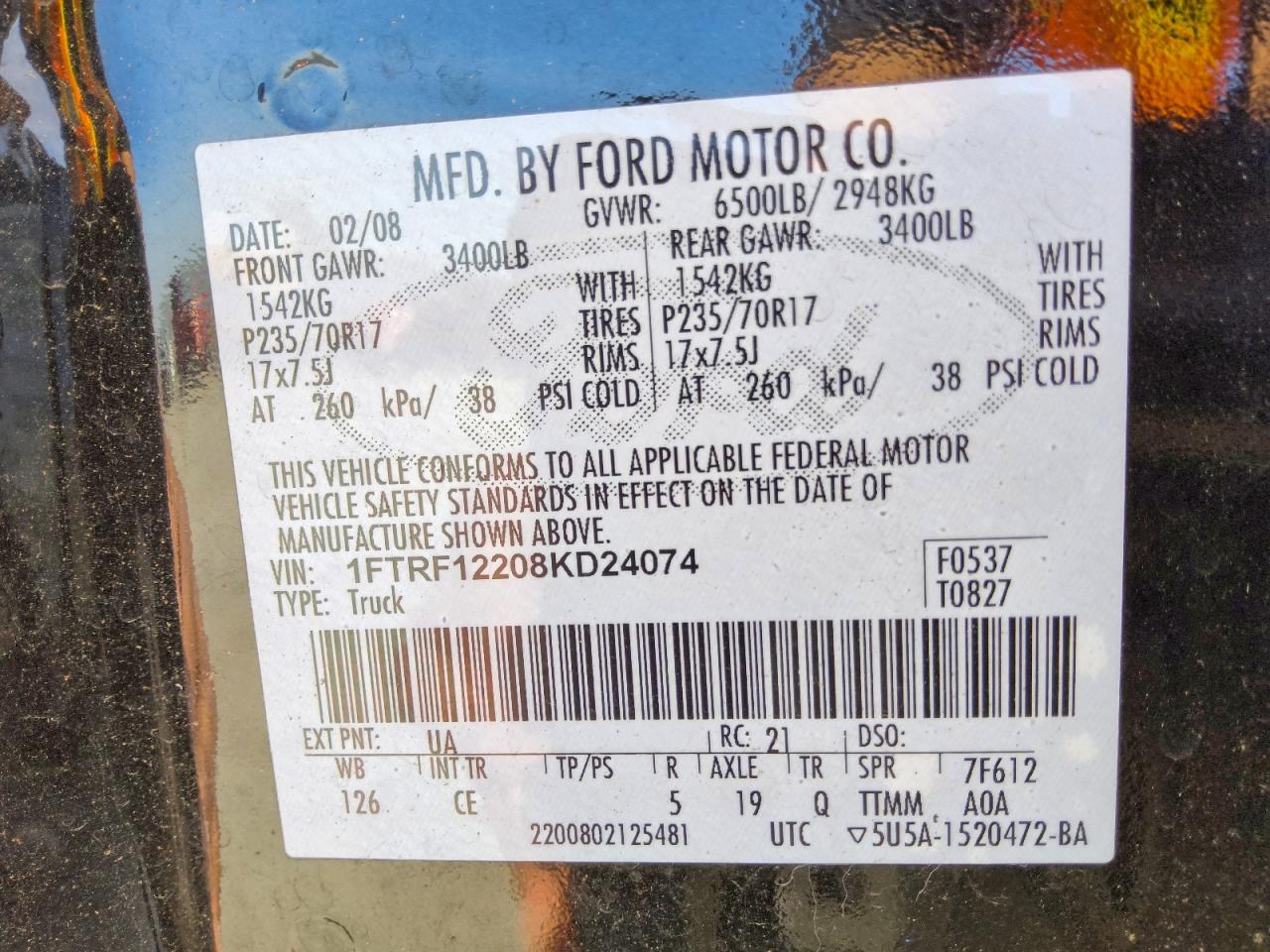2008 Ford F150 Black vin: 1FTRF12208KD24074