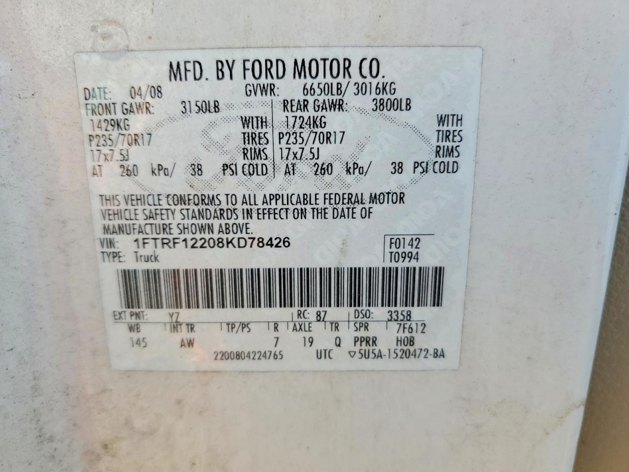 2008 Ford F150 White vin: 1FTRF12208KD78426