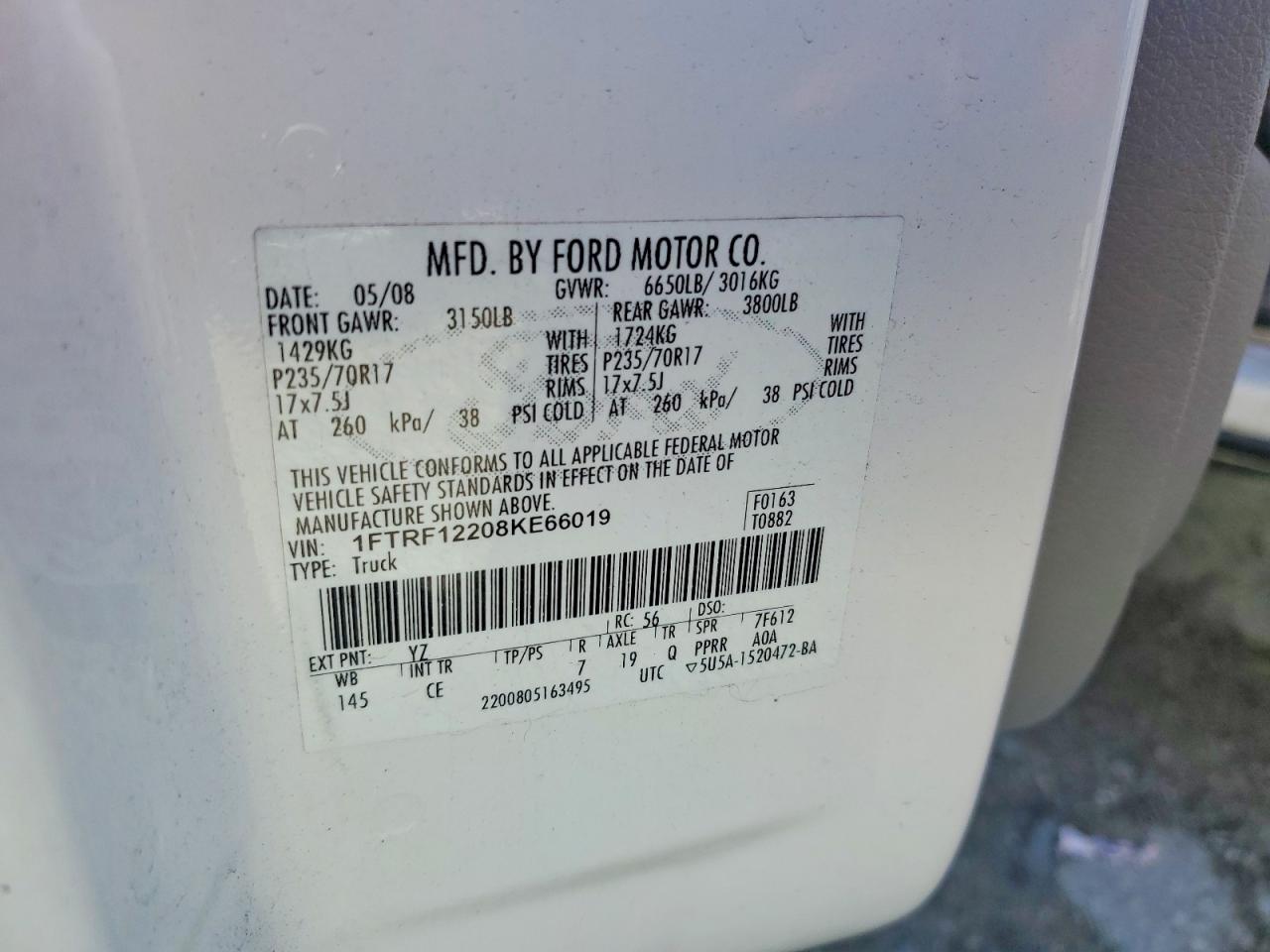 2008 Ford F150 White vin: 1FTRF12208KE66019