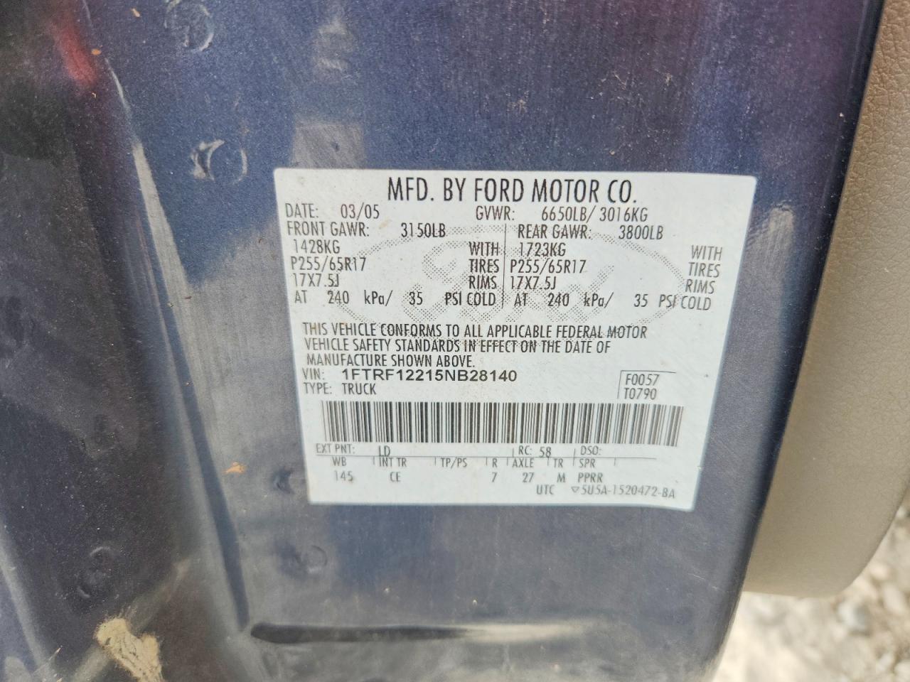 2005 Ford F150 Blue vin: 1FTRF12215NB28140