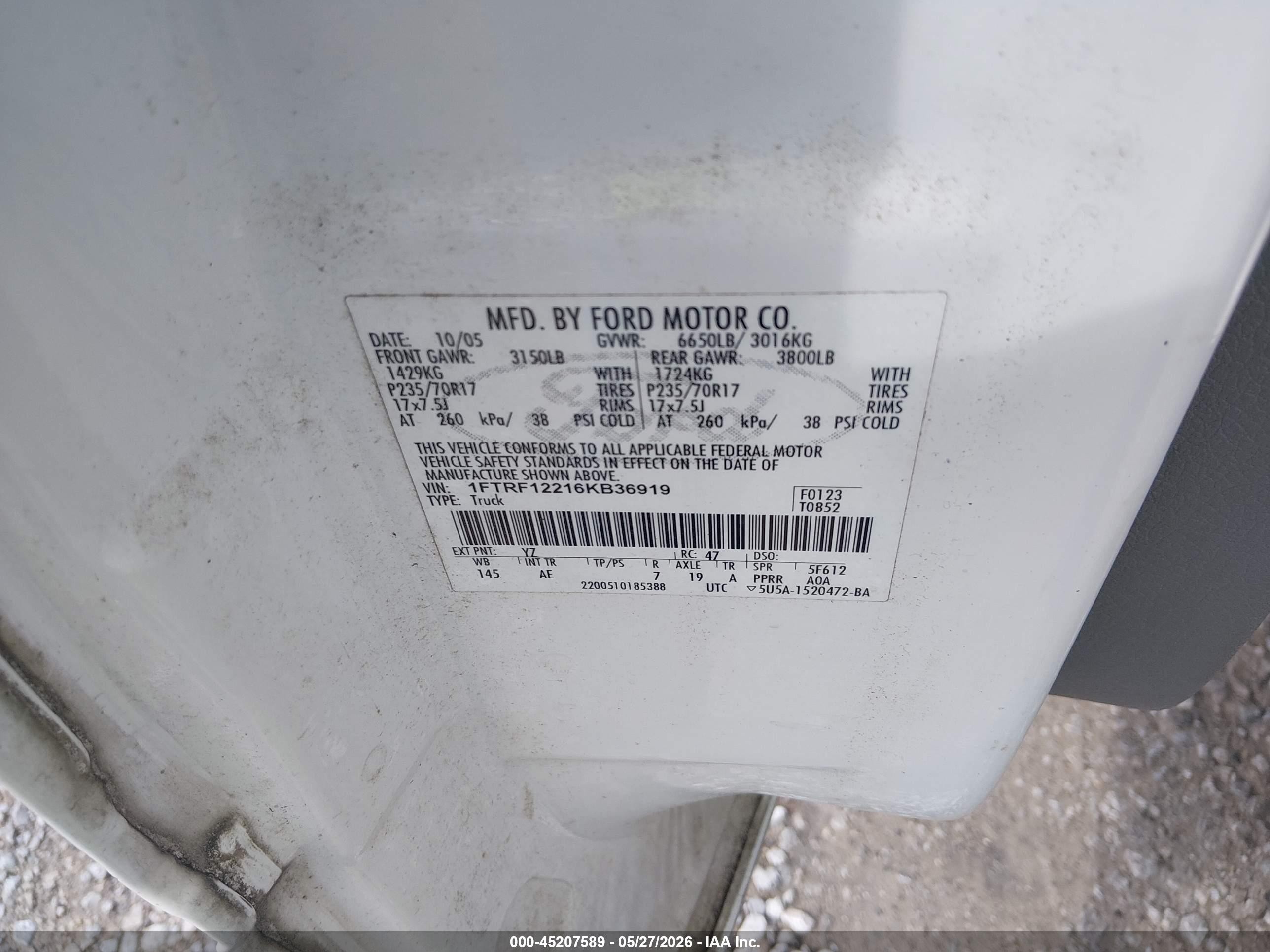 2006 Ford F-150 Stx/xl/xlt White vin: 1FTRF12216KB36919