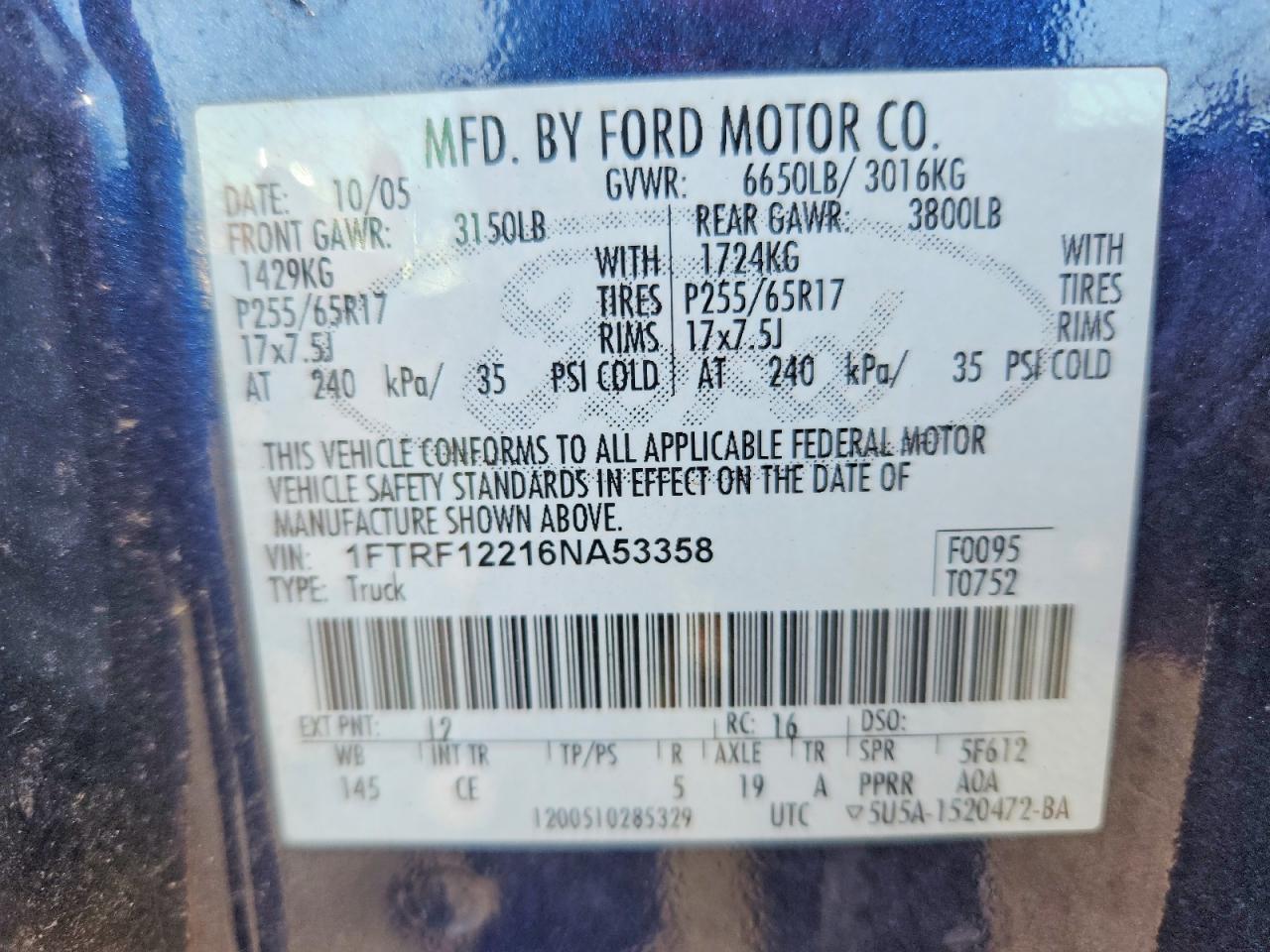 2006 Ford F150 Blue vin: 1FTRF12216NA53358