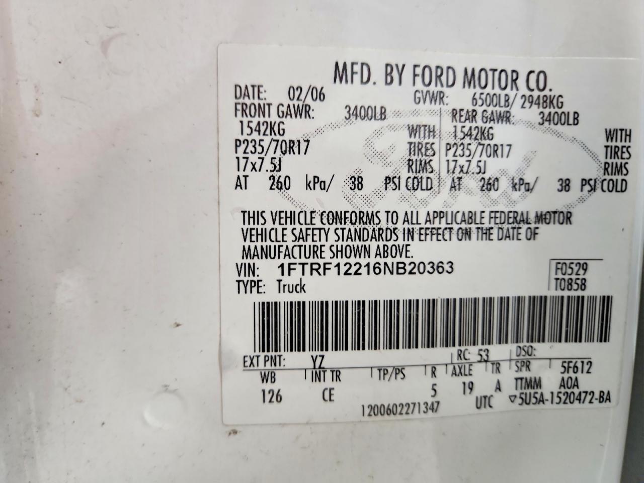 2006 Ford F150 White vin: 1FTRF12216NB20363