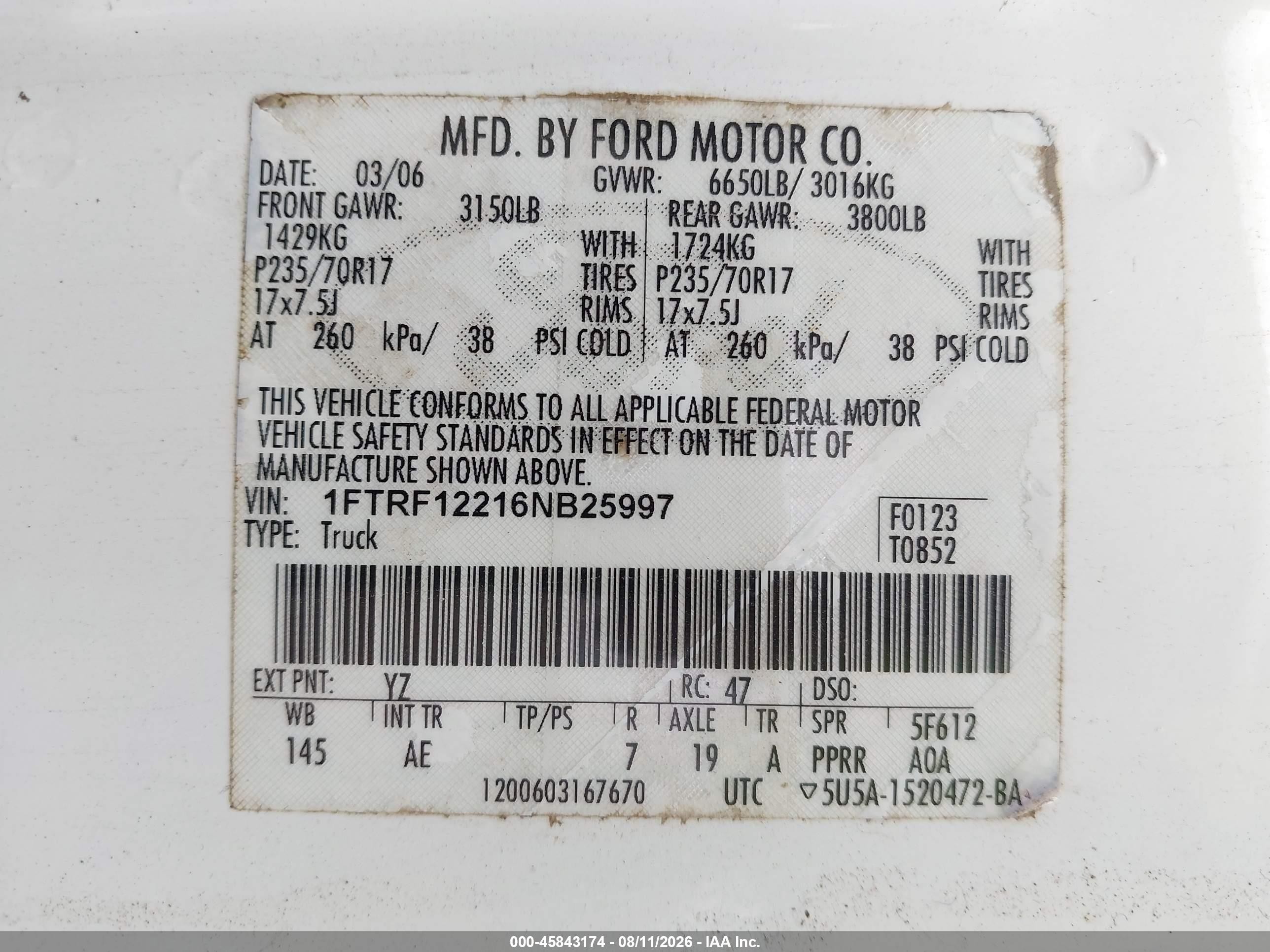 2006 Ford F-150 Stx/xl/xlt White vin: 1FTRF12216NB25997