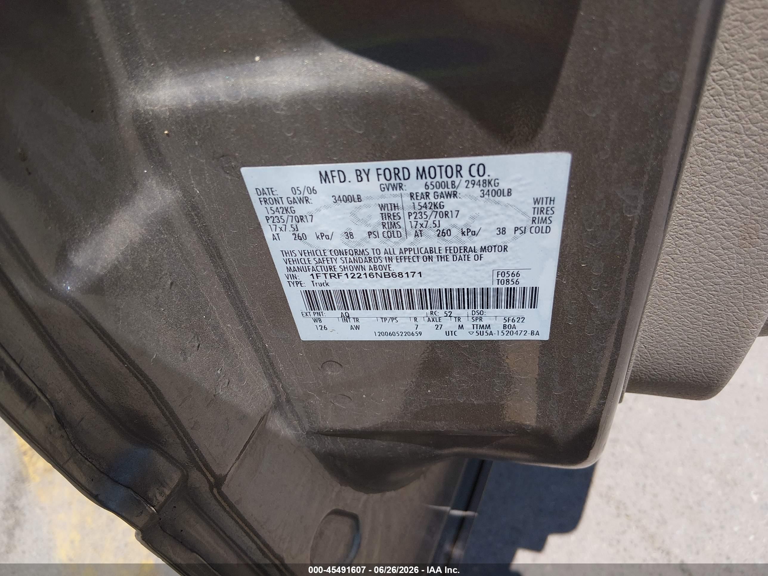 2006 Ford F-150 Stx/xl/xlt Tan vin: 1FTRF12216NB68171