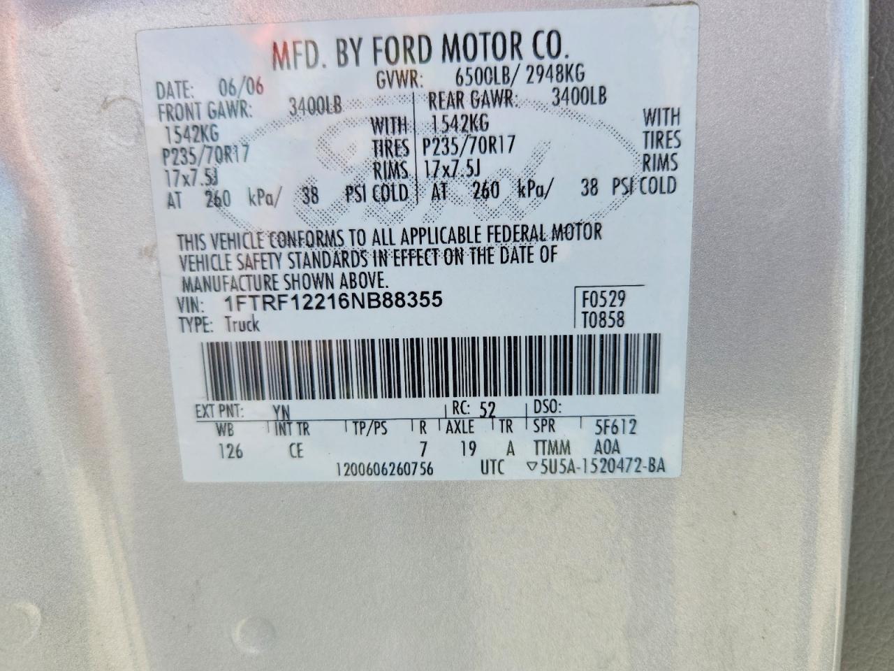 2006 Ford F150 Silver vin: 1FTRF12216NB88355