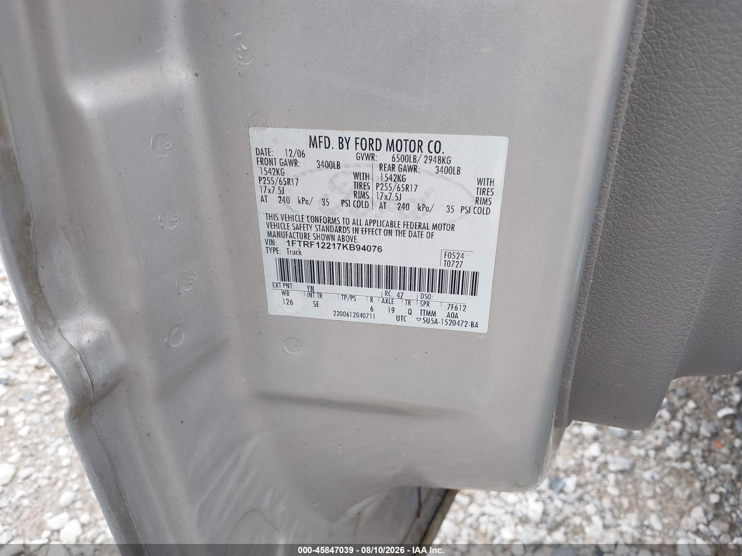 2007 Ford F-150 Stx/xl/xlt Silver vin: 1FTRF12217KB94076