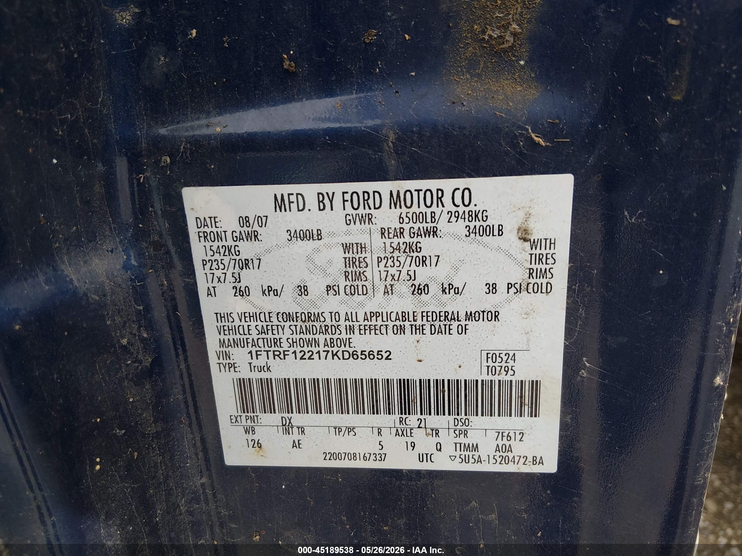 2007 Ford F-150 Stx/xl/xlt Синий vin: 1FTRF12217KD65652
