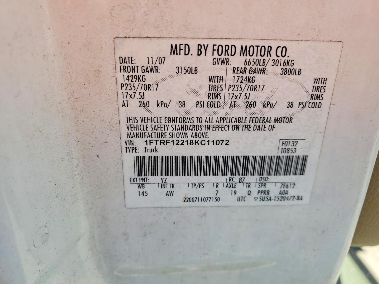 2008 Ford F150 Белый vin: 1FTRF12218KC11072