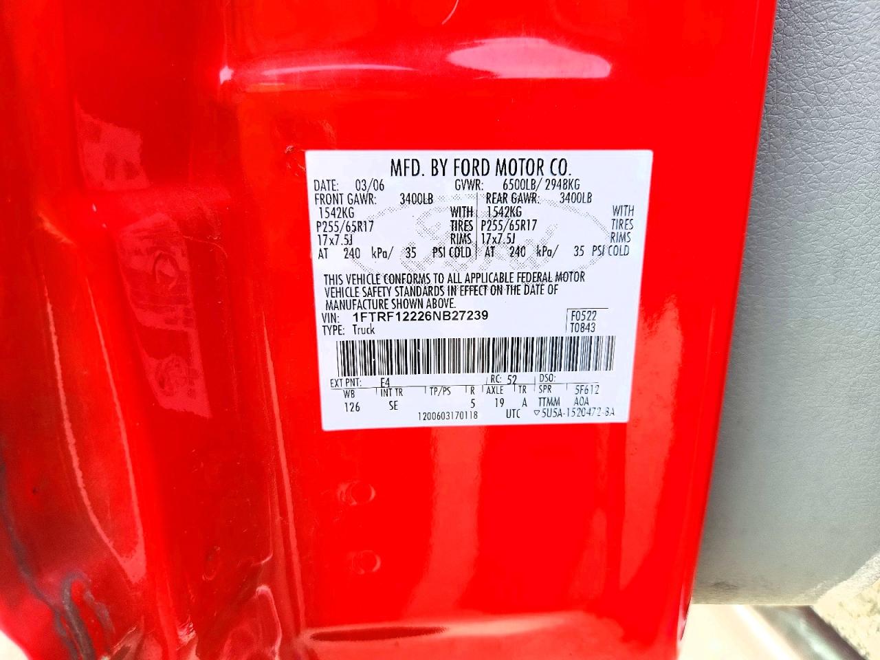 2006 Ford F150 Red vin: 1FTRF12226NB27239