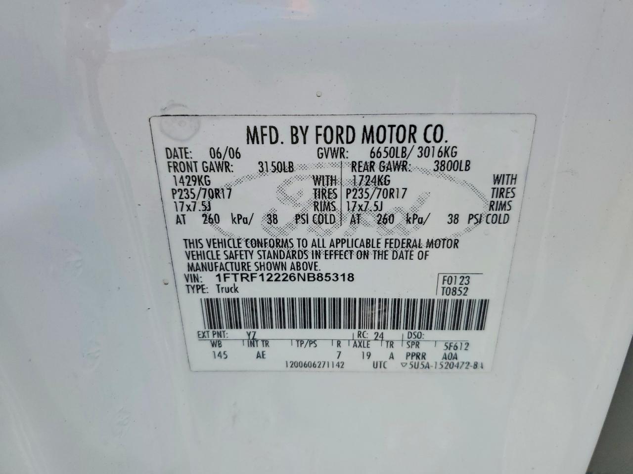 2006 Ford F150 White vin: 1FTRF12226NB85318