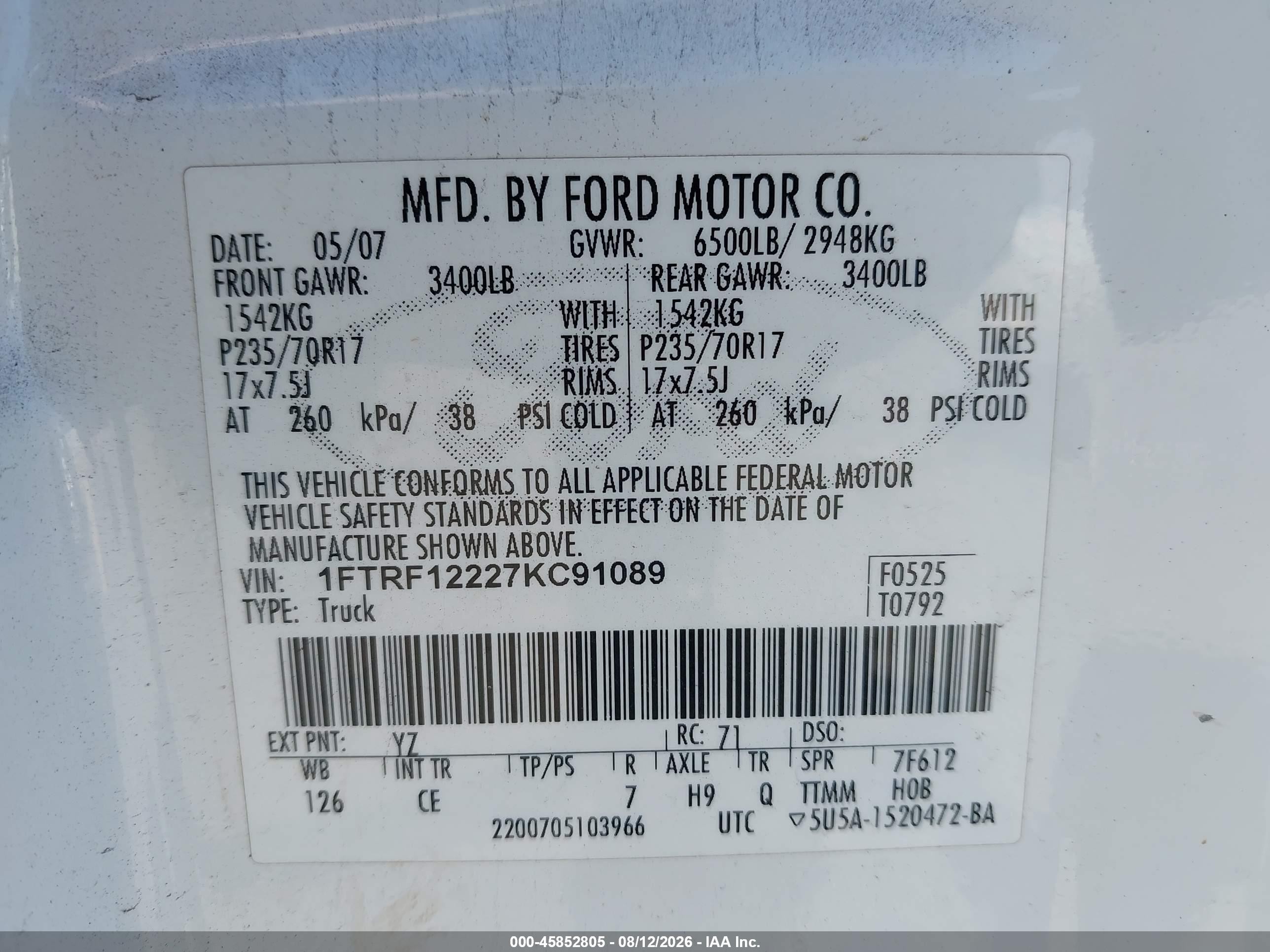 2007 Ford F-150 Stx/xl/xlt White vin: 1FTRF12227KC91089