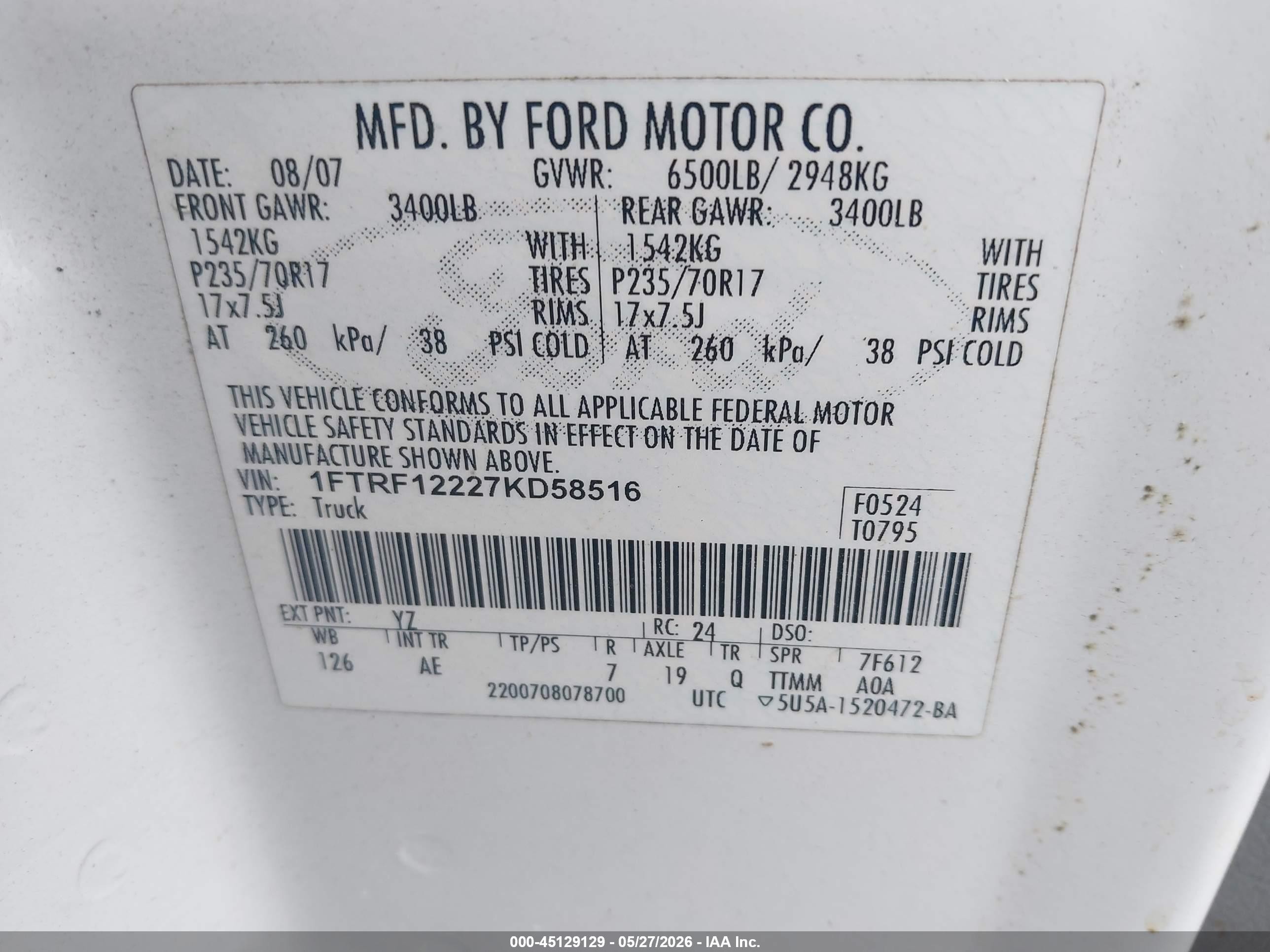 2007 Ford F-150 Stx/xl/xlt White vin: 1FTRF12227KD58516