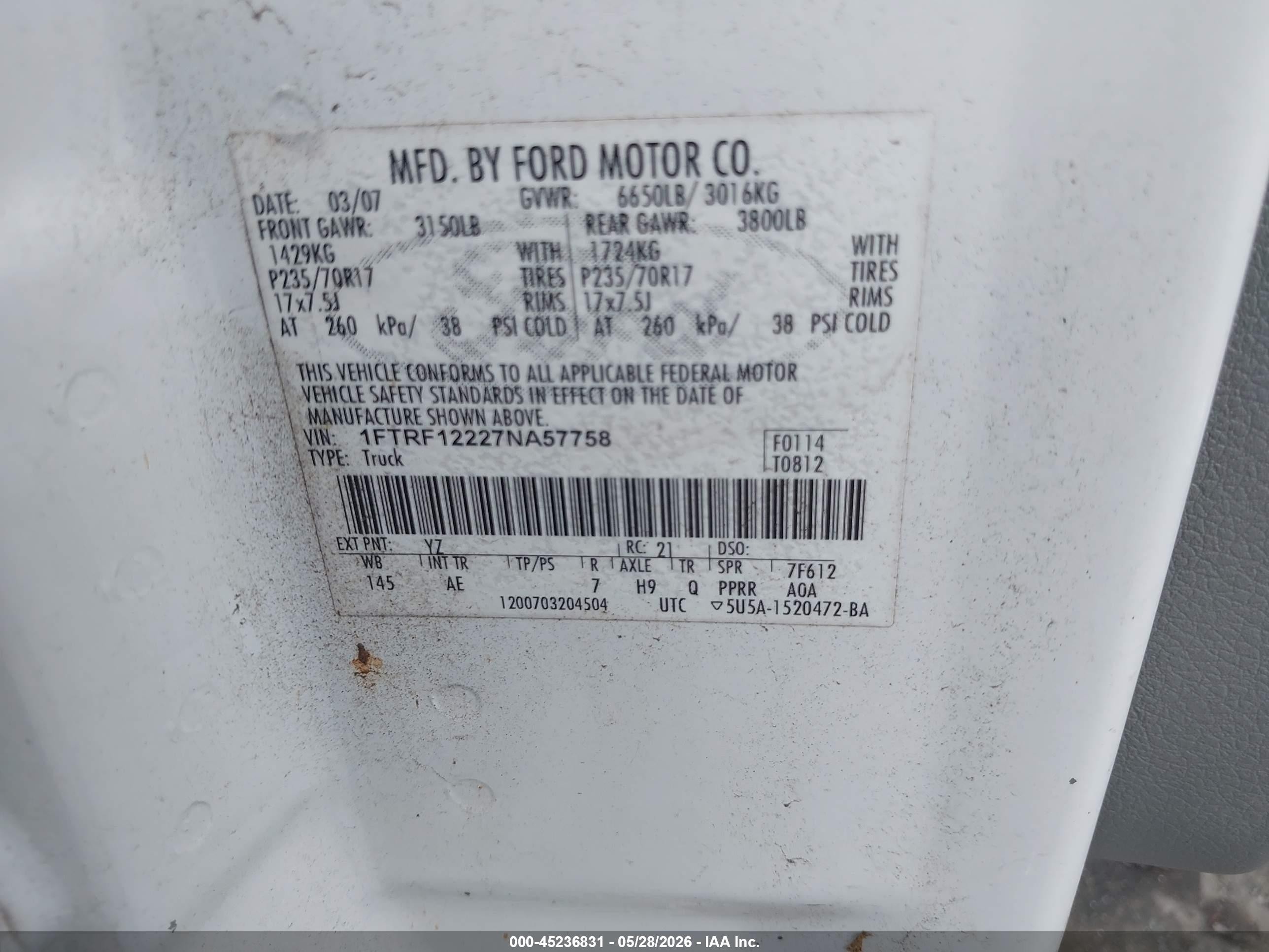 2007 Ford F-150 Stx/xl/xlt White vin: 1FTRF12227NA57758