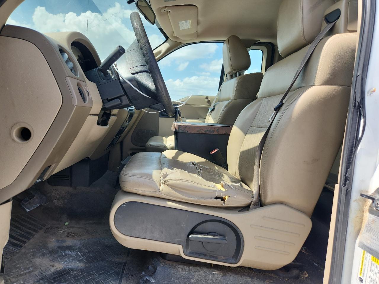 2008 Ford F150 White vin: 1FTRF12228KB69981 Damage: Left Front Seat, Torn, > 12 Inches