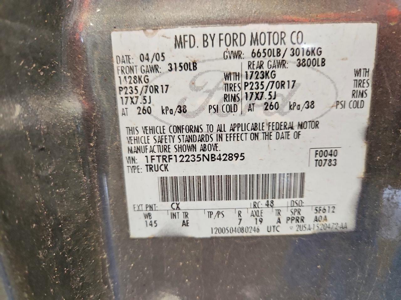 2005 Ford F150 Gray vin: 1FTRF12235NB42895