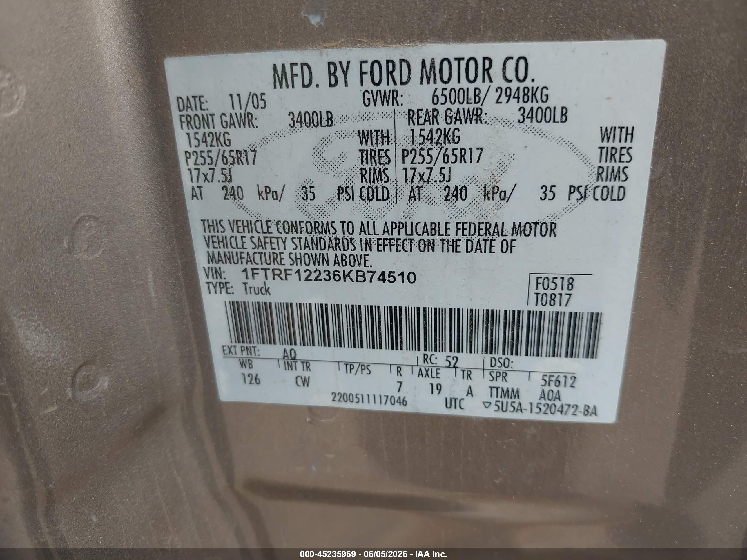 2006 Ford F-150 Stx/xl/xlt Tan vin: 1FTRF12236KB74510