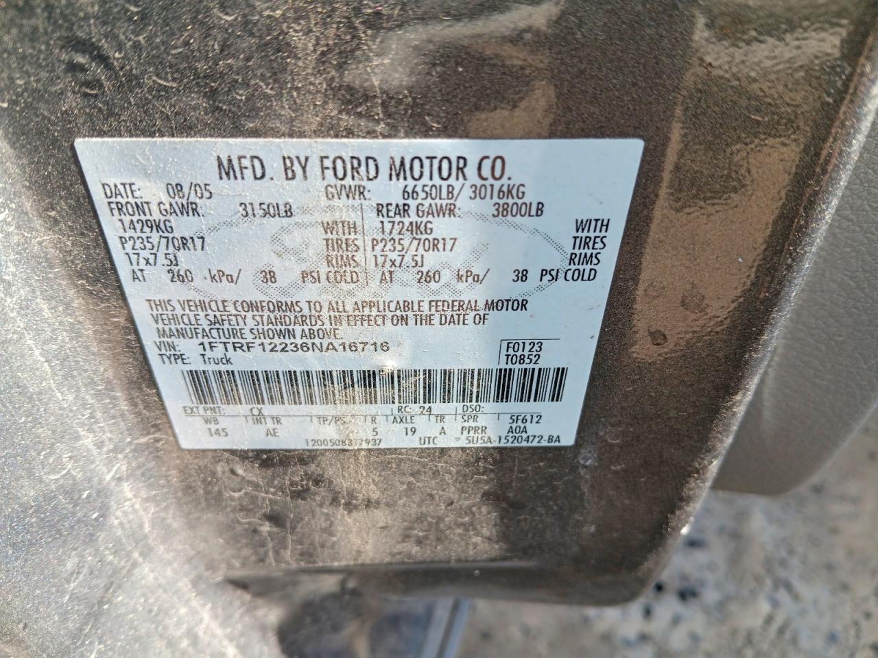 2006 Ford F150 Charcoal vin: 1FTRF12236NA16716