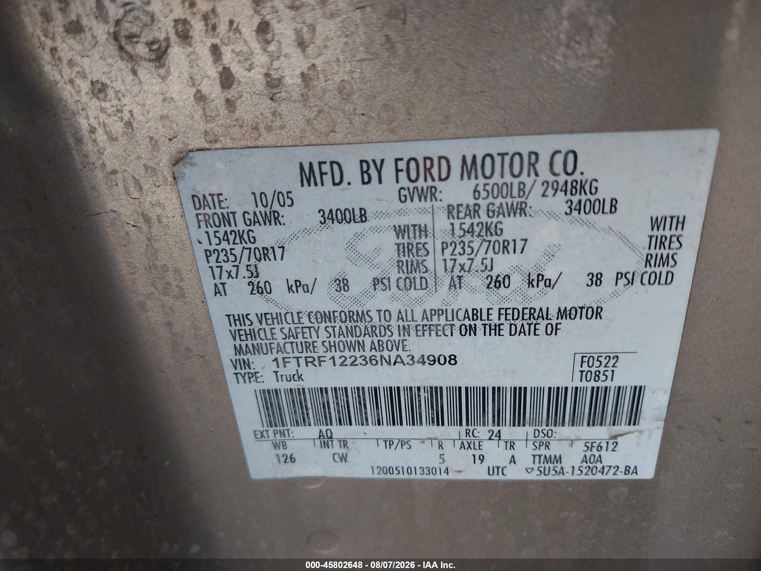 2006 Ford F-150 Stx/xl/xlt Серый vin: 1FTRF12236NA34908