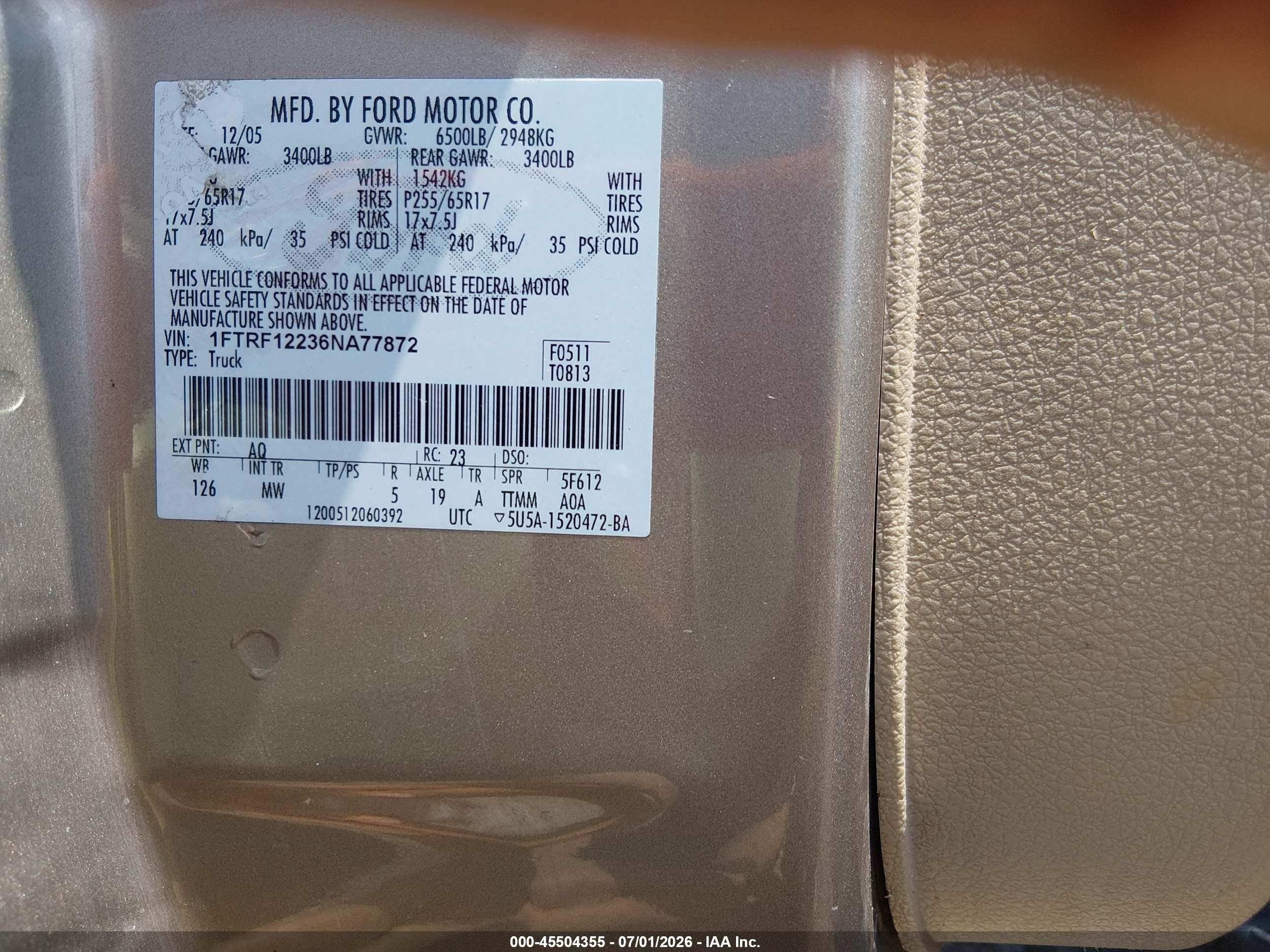 2006 Ford F-150 Stx/xl/xlt Tan vin: 1FTRF12236NA77872