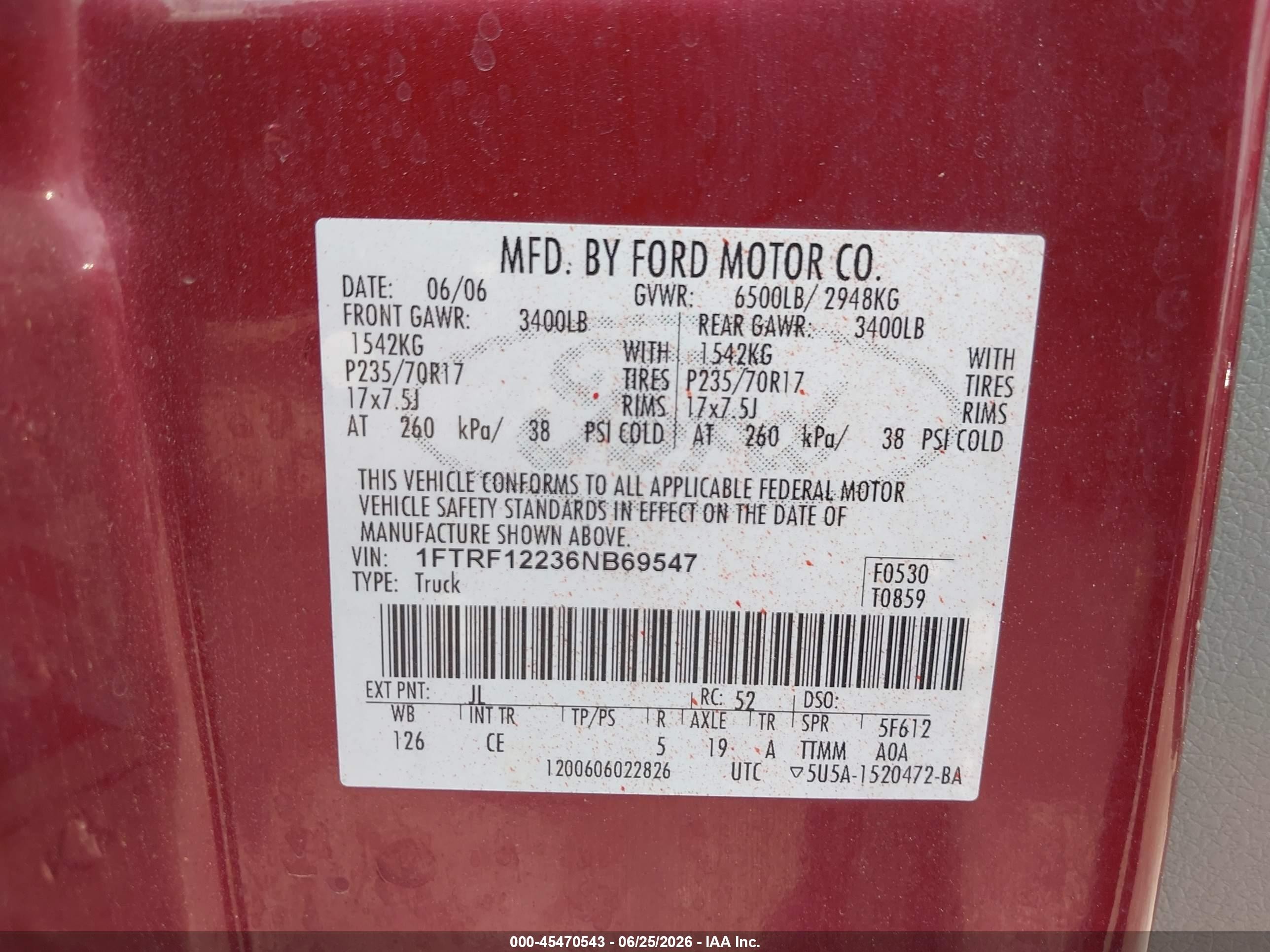 2006 Ford F-150 Stx/xl/xlt Burgundy vin: 1FTRF12236NB69547