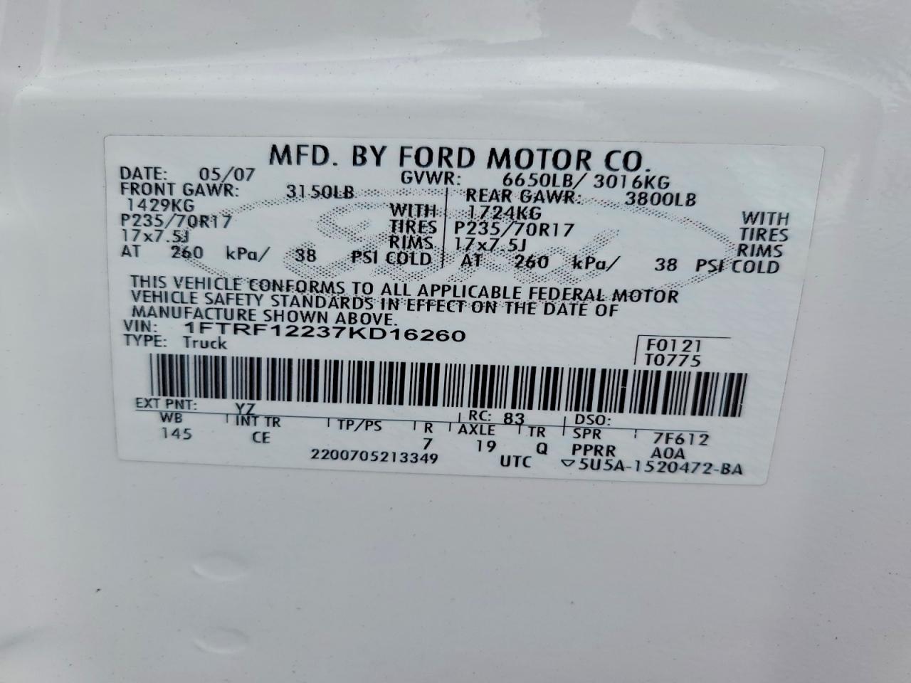2007 Ford F150 White vin: 1FTRF12237KD16260