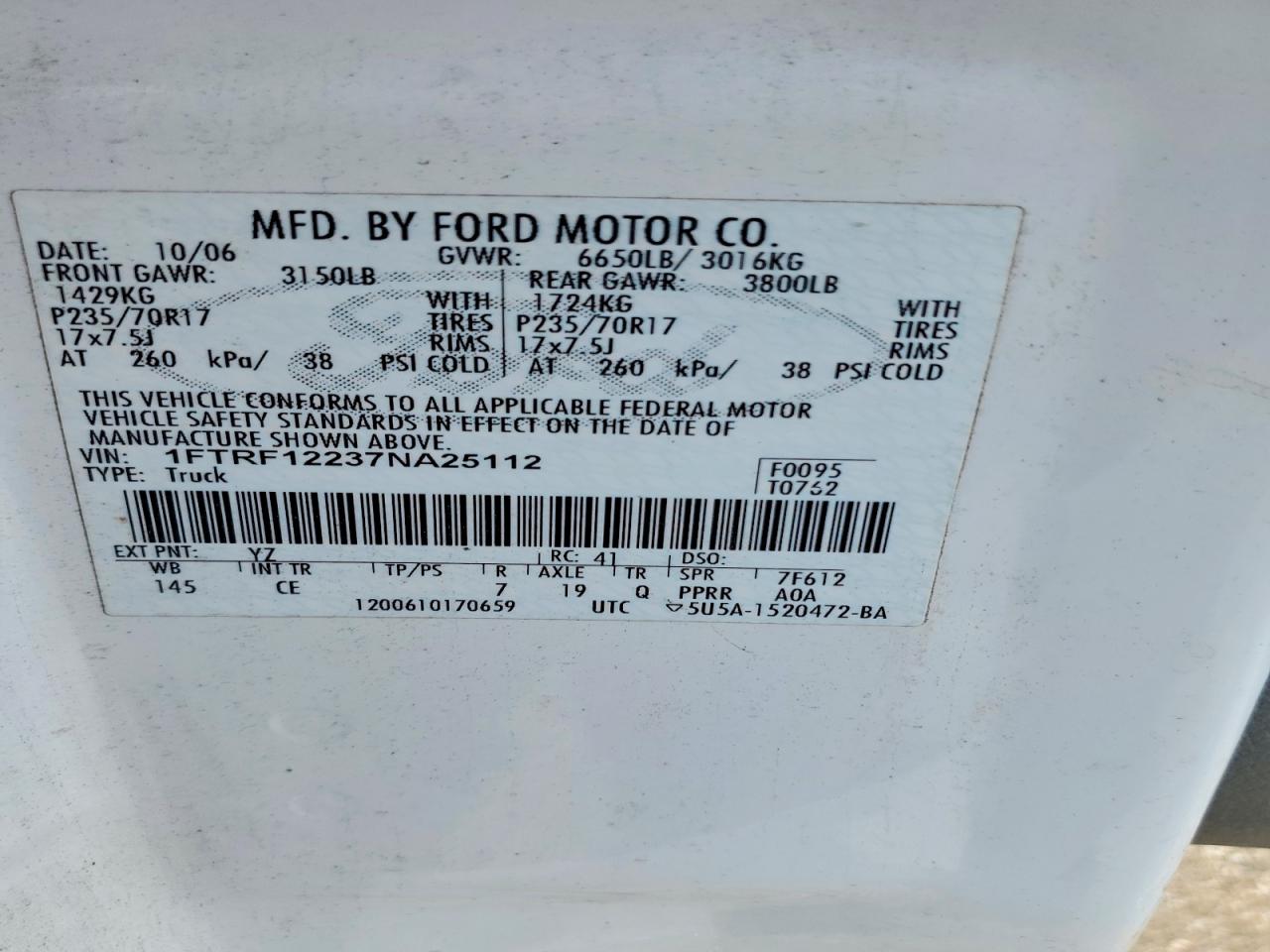 2007 Ford F150 White vin: 1FTRF12237NA25112