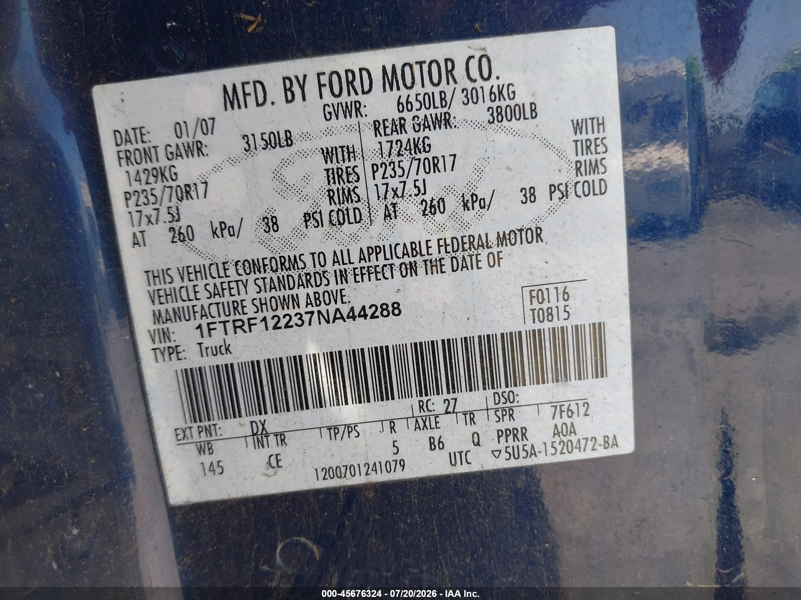 2007 Ford F-150 Stx/xl/xlt Dark Blue vin: 1FTRF12237NA44288