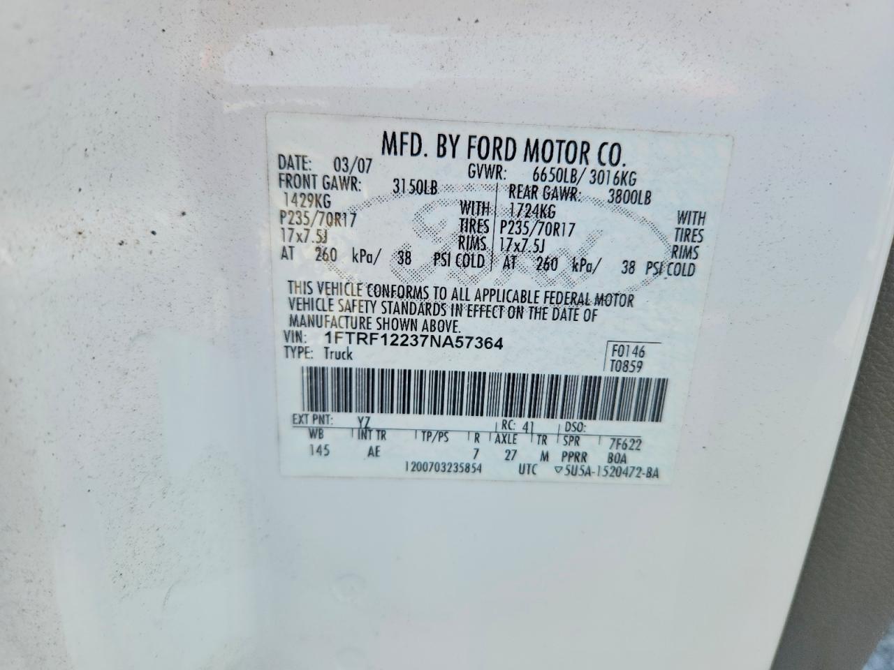2007 Ford F150 White vin: 1FTRF12237NA57364