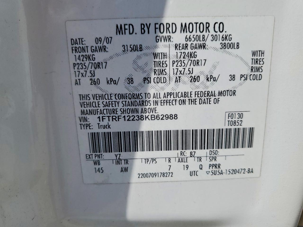 2008 Ford F150 White vin: 1FTRF12238KB62988