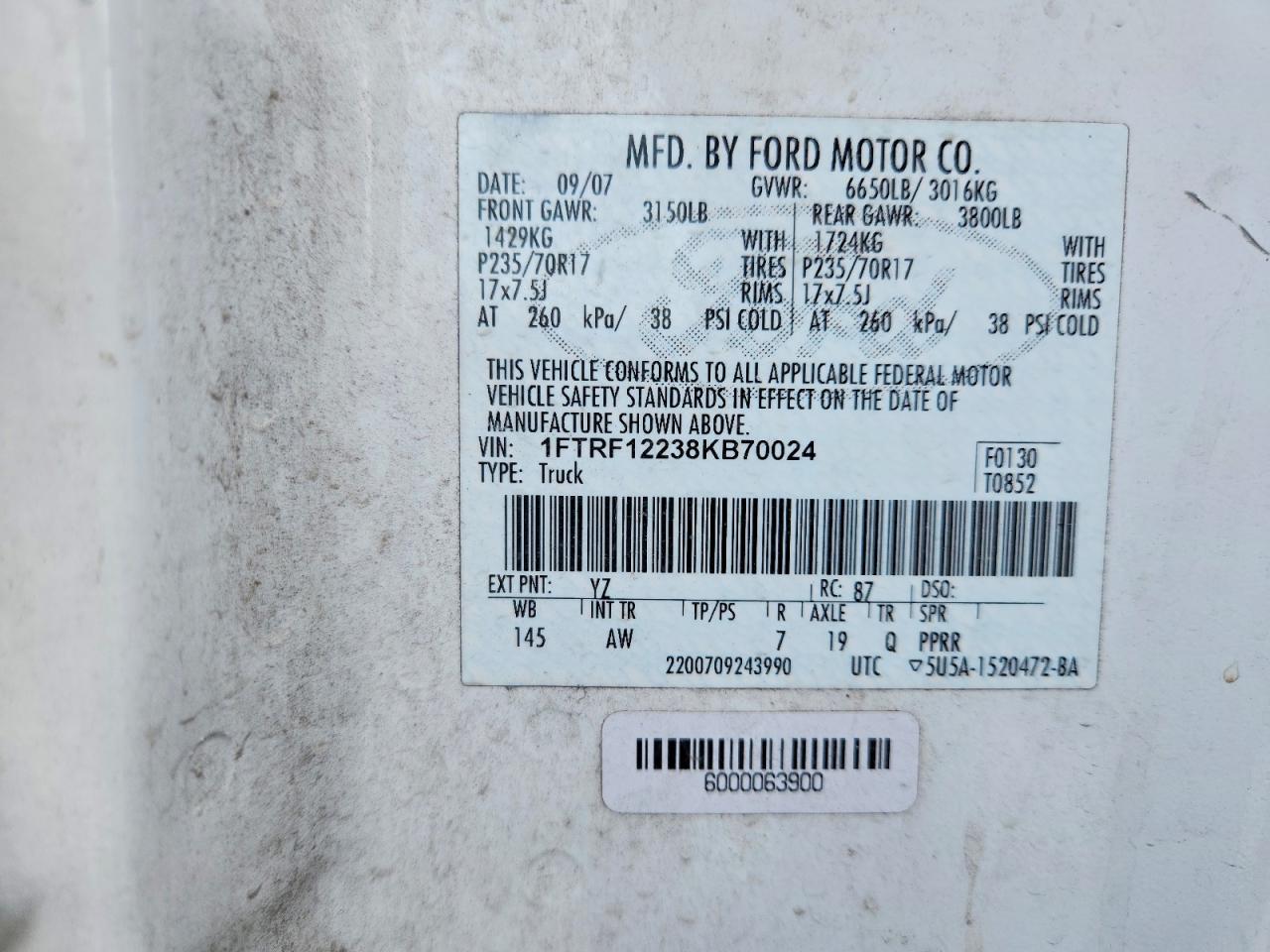 2008 Ford F150 White vin: 1FTRF12238KB70024