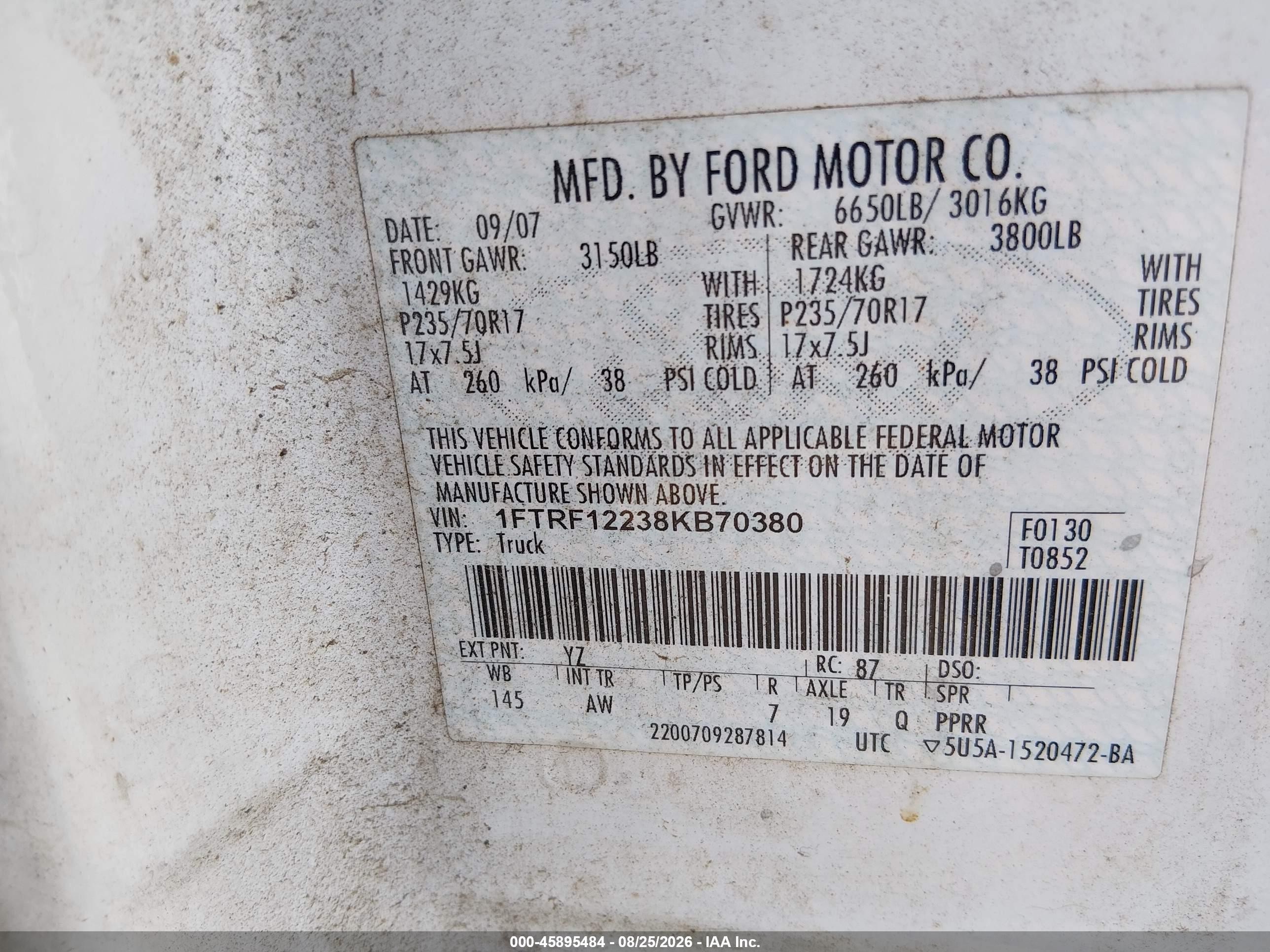 2008 Ford F-150 Stx/xl/xlt Белый vin: 1FTRF12238KB70380