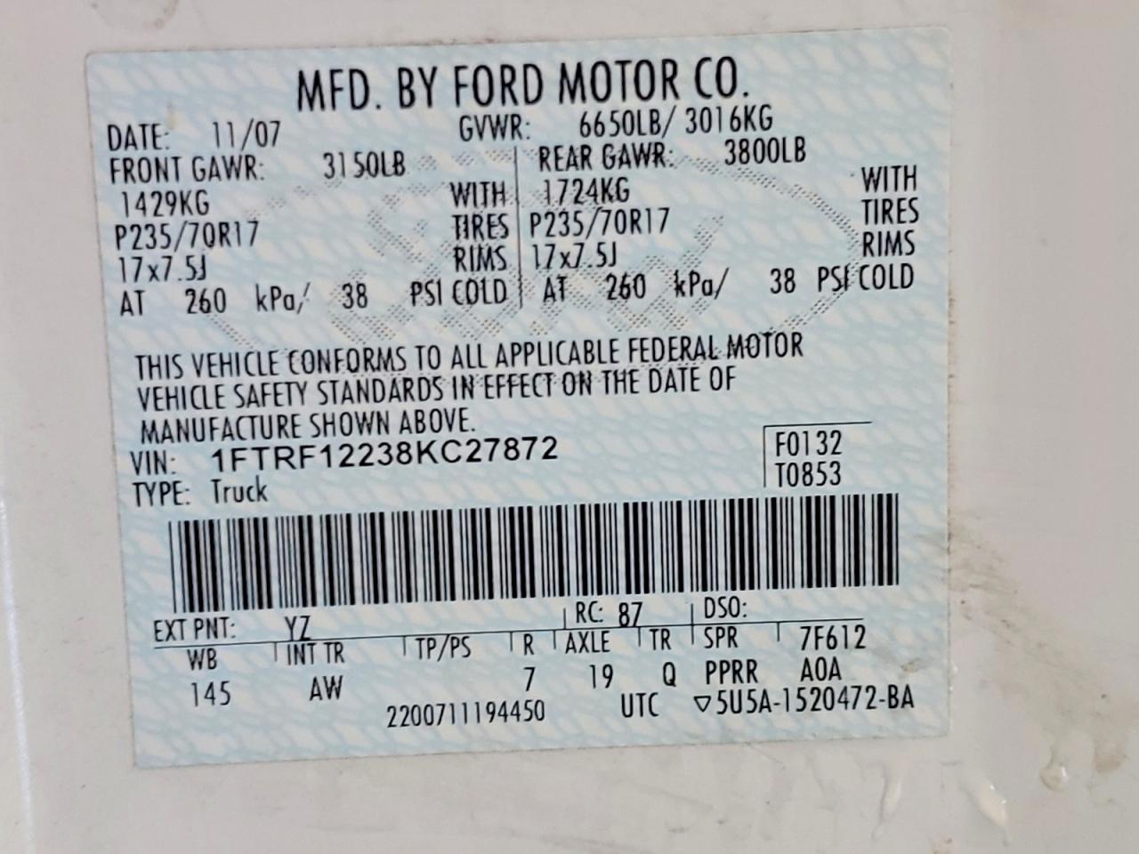 2008 Ford F150 White vin: 1FTRF12238KC27872